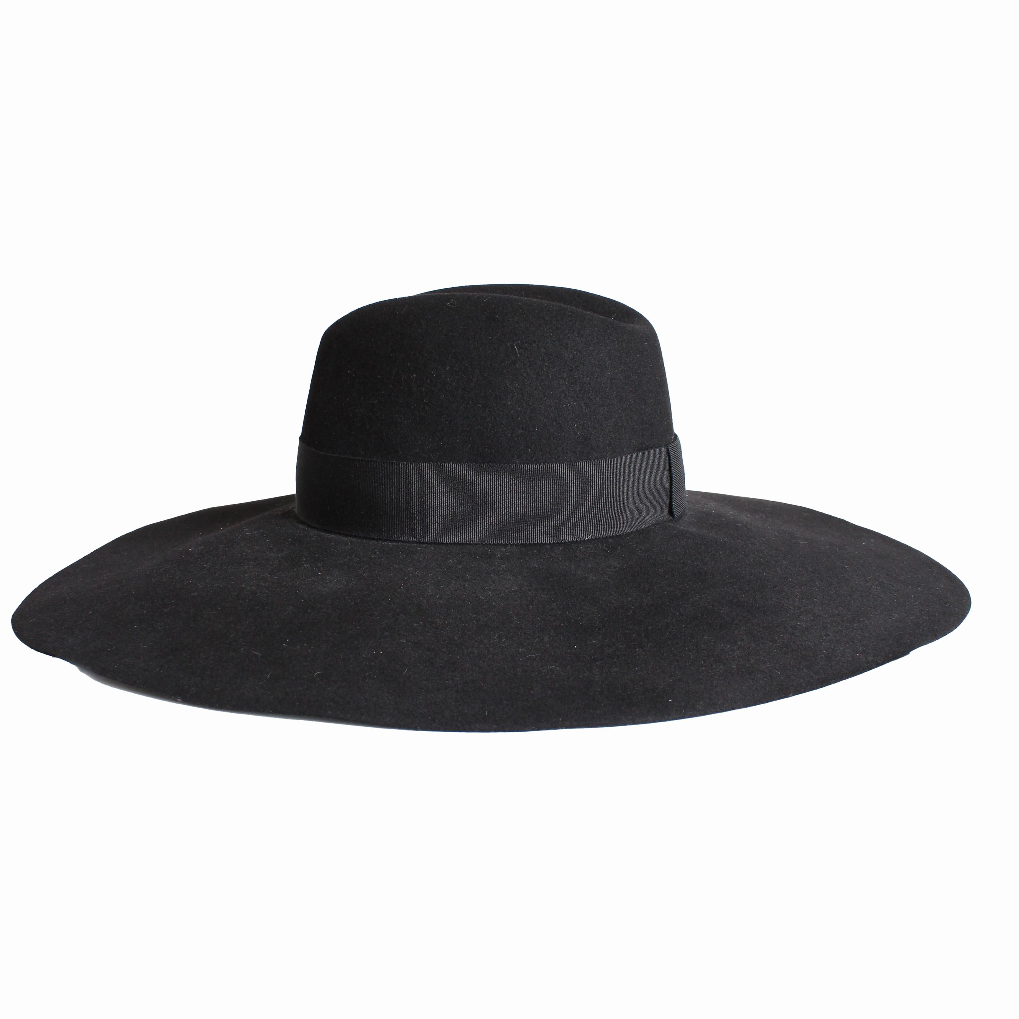 Saint Laurent Hut mit breiter Krempe in Übergröße aus schwarzem Kaninchenpelz und Filz Größe 56 im Angebot 5