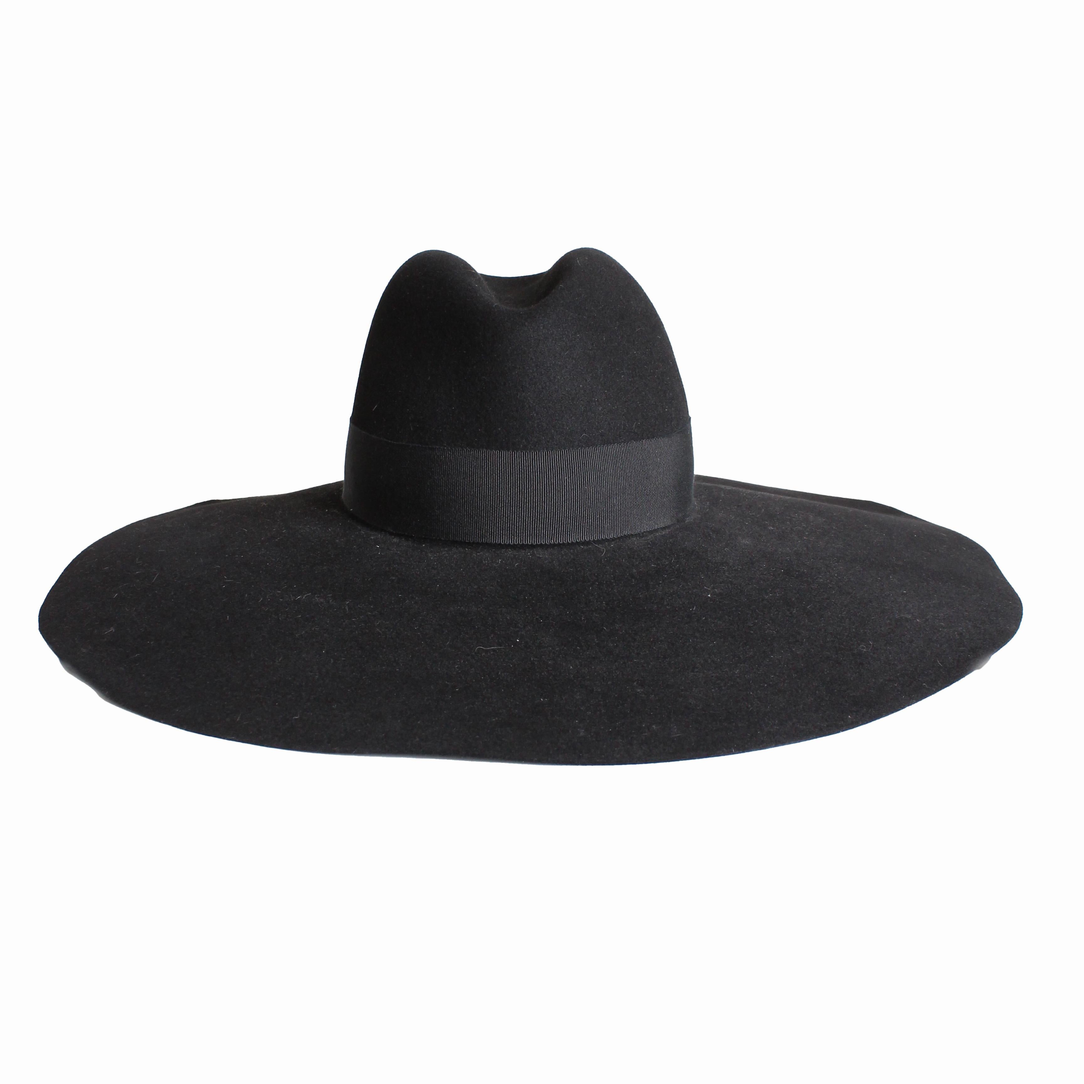Saint Laurent Hut mit breiter Krempe in Übergröße aus schwarzem Kaninchenpelz und Filz Größe 56 im Angebot 6