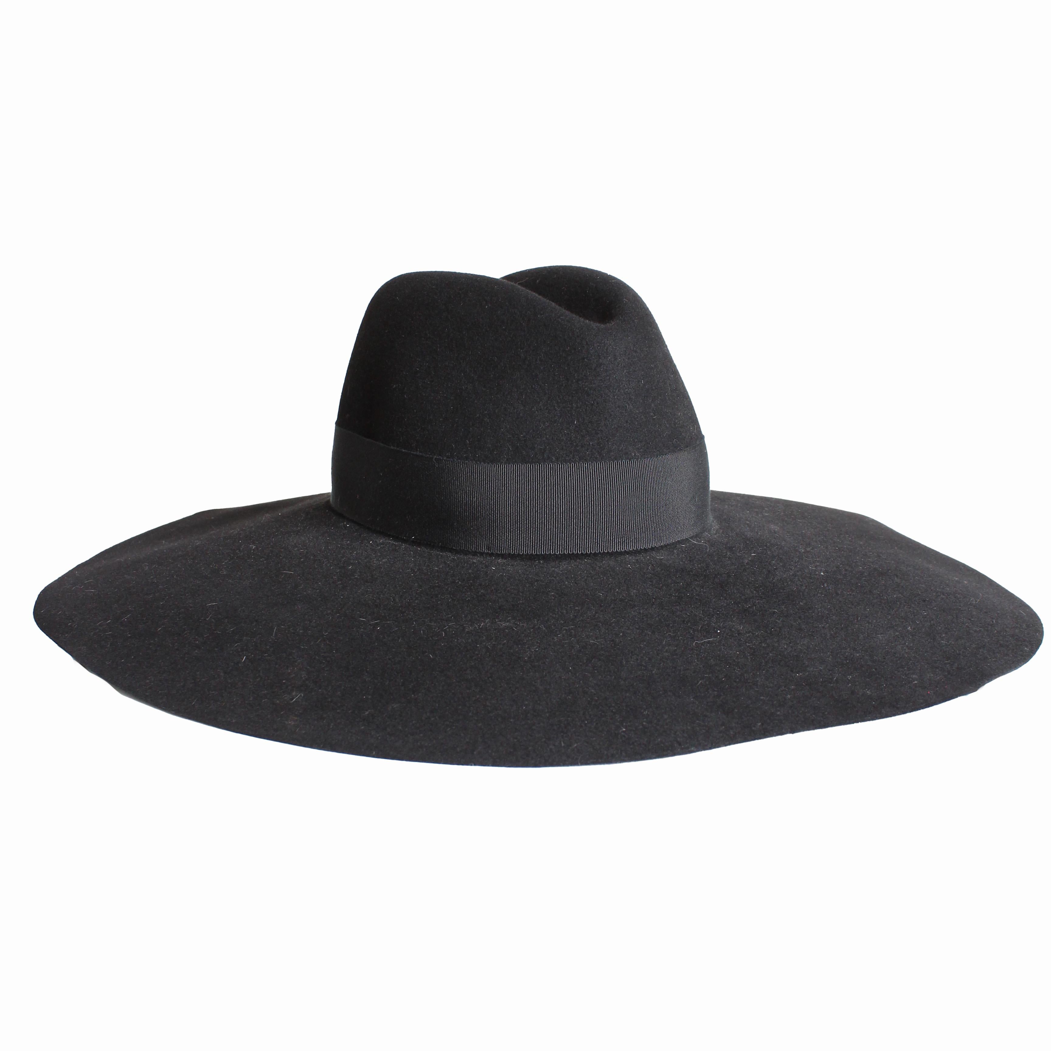 Saint Laurent Hut mit breiter Krempe in Übergröße aus schwarzem Kaninchenpelz und Filz Größe 56 im Angebot 1
