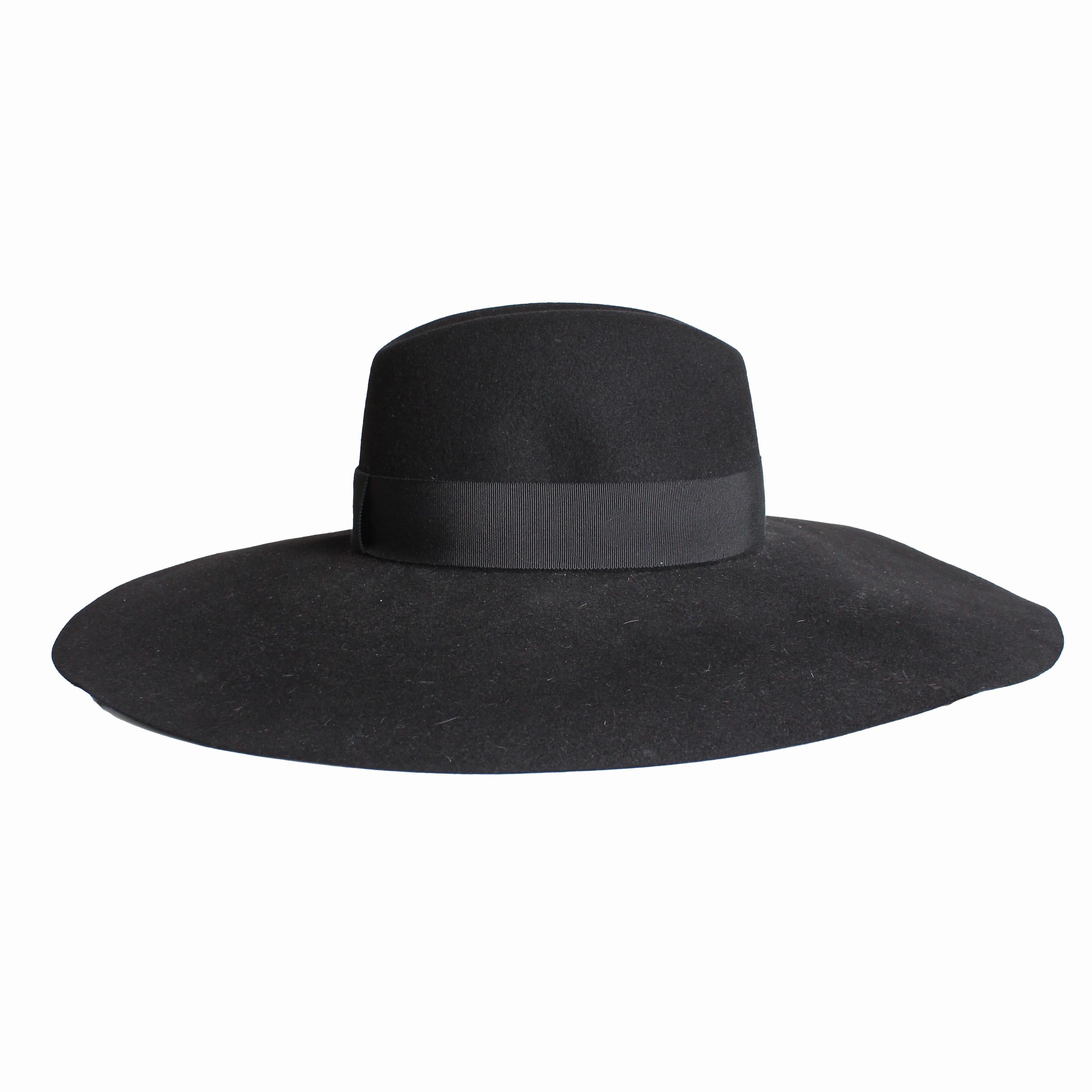 Saint Laurent Hut mit breiter Krempe in Übergröße aus schwarzem Kaninchenpelz und Filz Größe 56 im Angebot 2