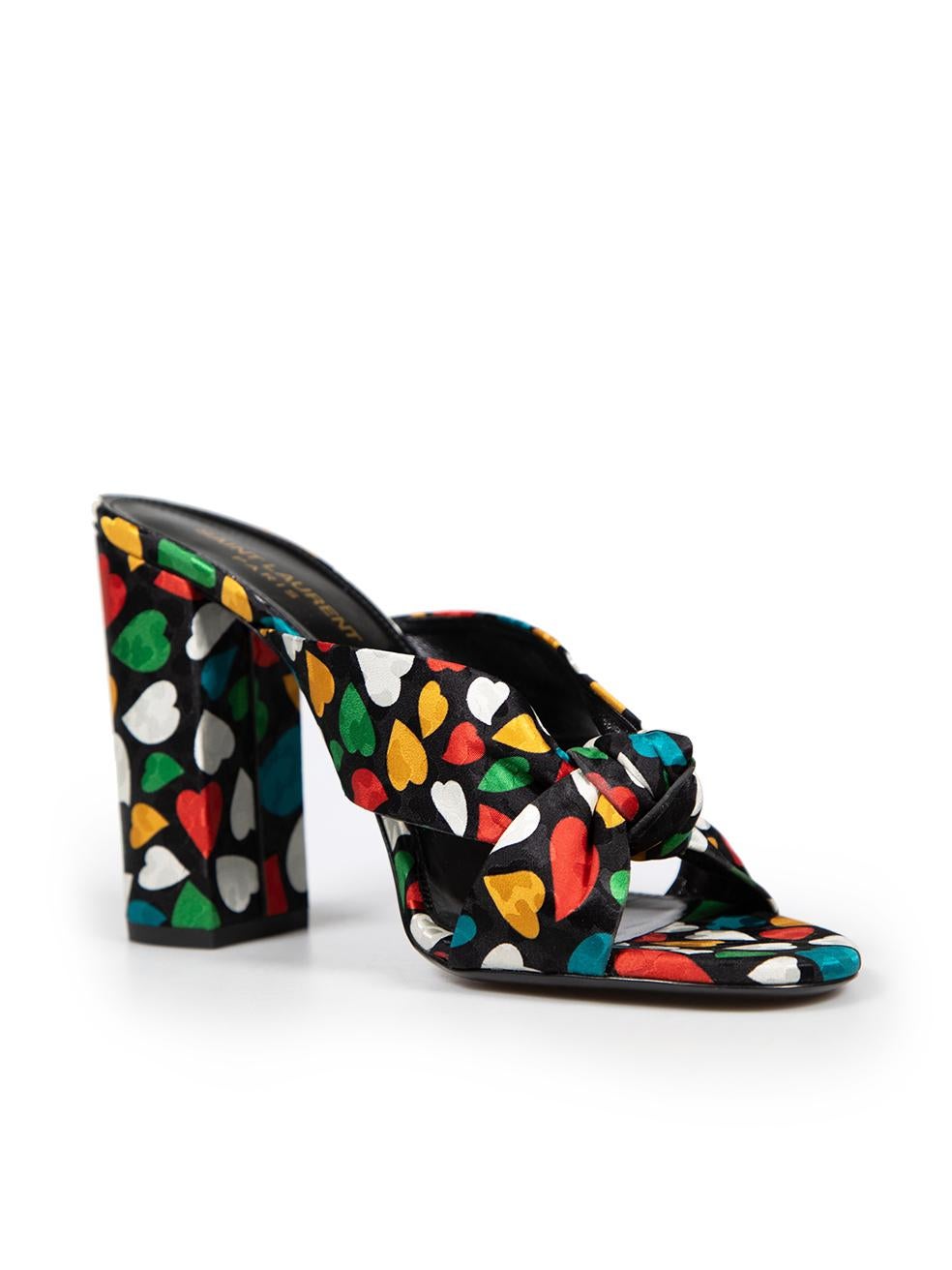 CONDITION is Very good. Hardly any visible wear to the heels is evident on this used Saint Laurent designer resale item.
 
 
 
 Details
 
 
 Model: Bianca
 
 Multicolour
 
 Cloth textile
 
 Mules
 
 Heart pattern
 
 Open toe
 
 Front knot detail
 
