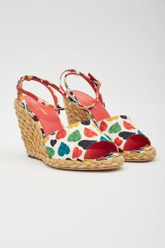 Saint Laurent Heart Print Multicoloured Wedge Espadrilles EU 38