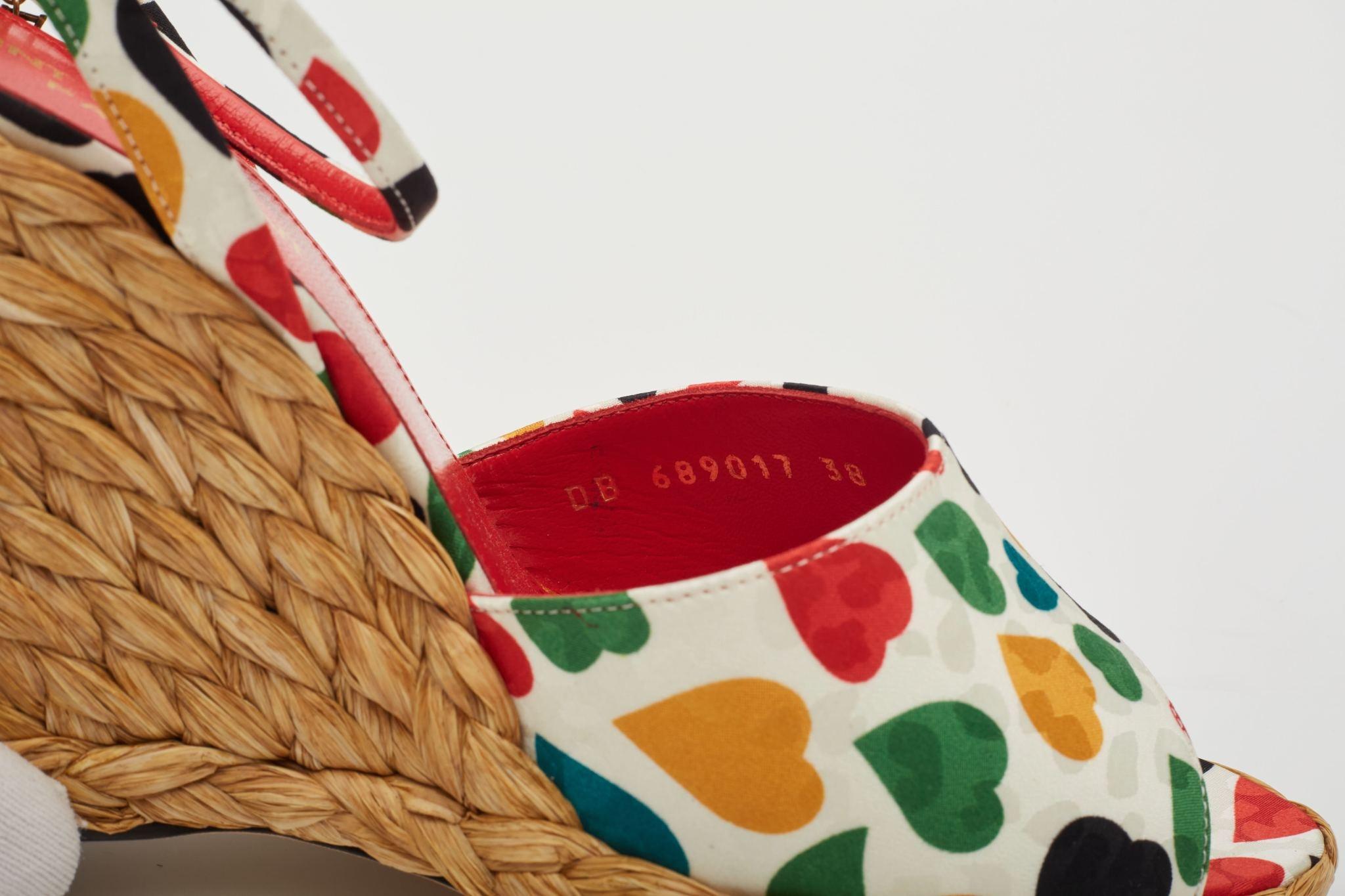 Saint Laurent Heart Print Multicoloured Wedge Espadrilles EU 38 For Sale 2