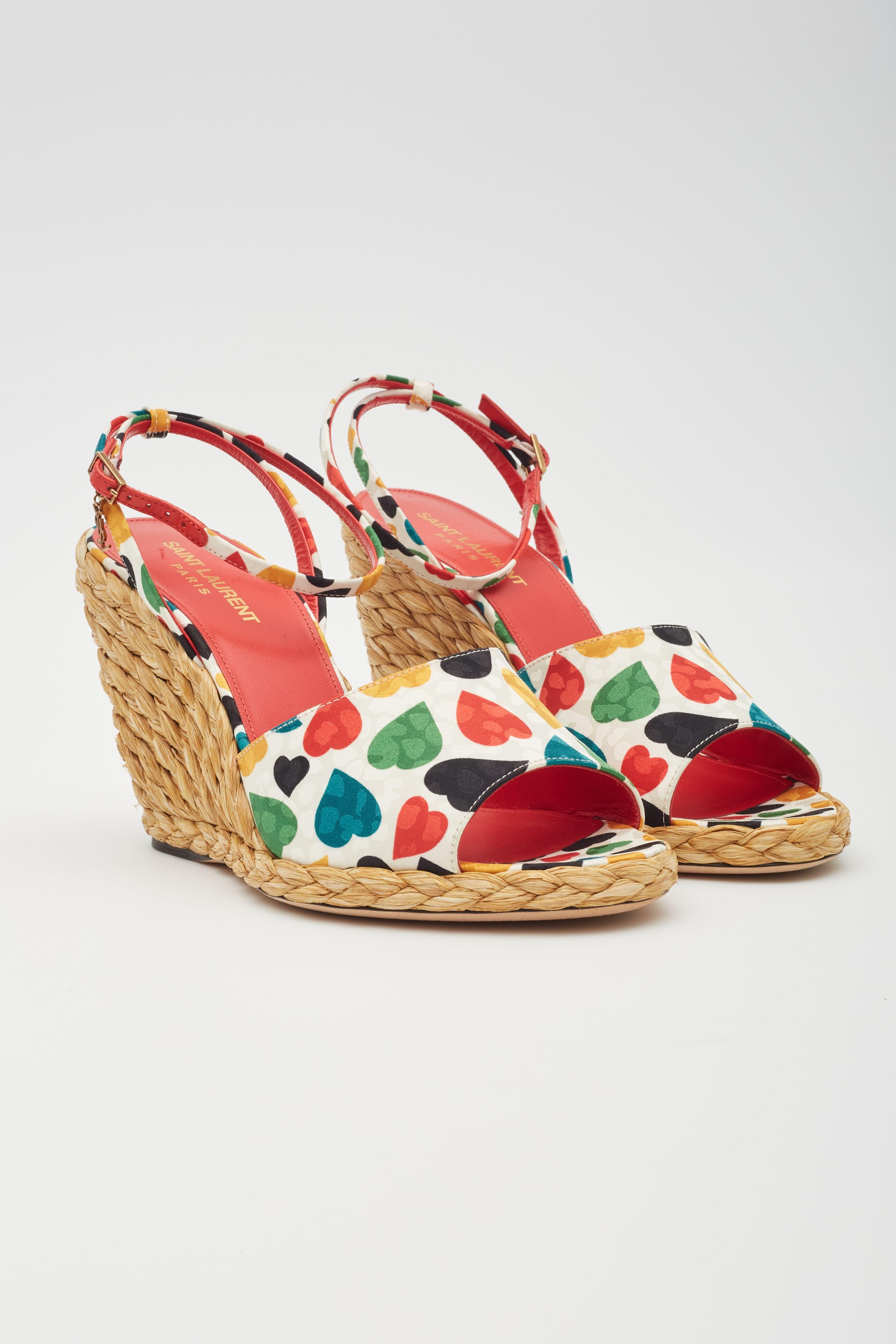Brown Saint Laurent Heart Print Multicoloured Wedge Espadrilles EU 39 For Sale