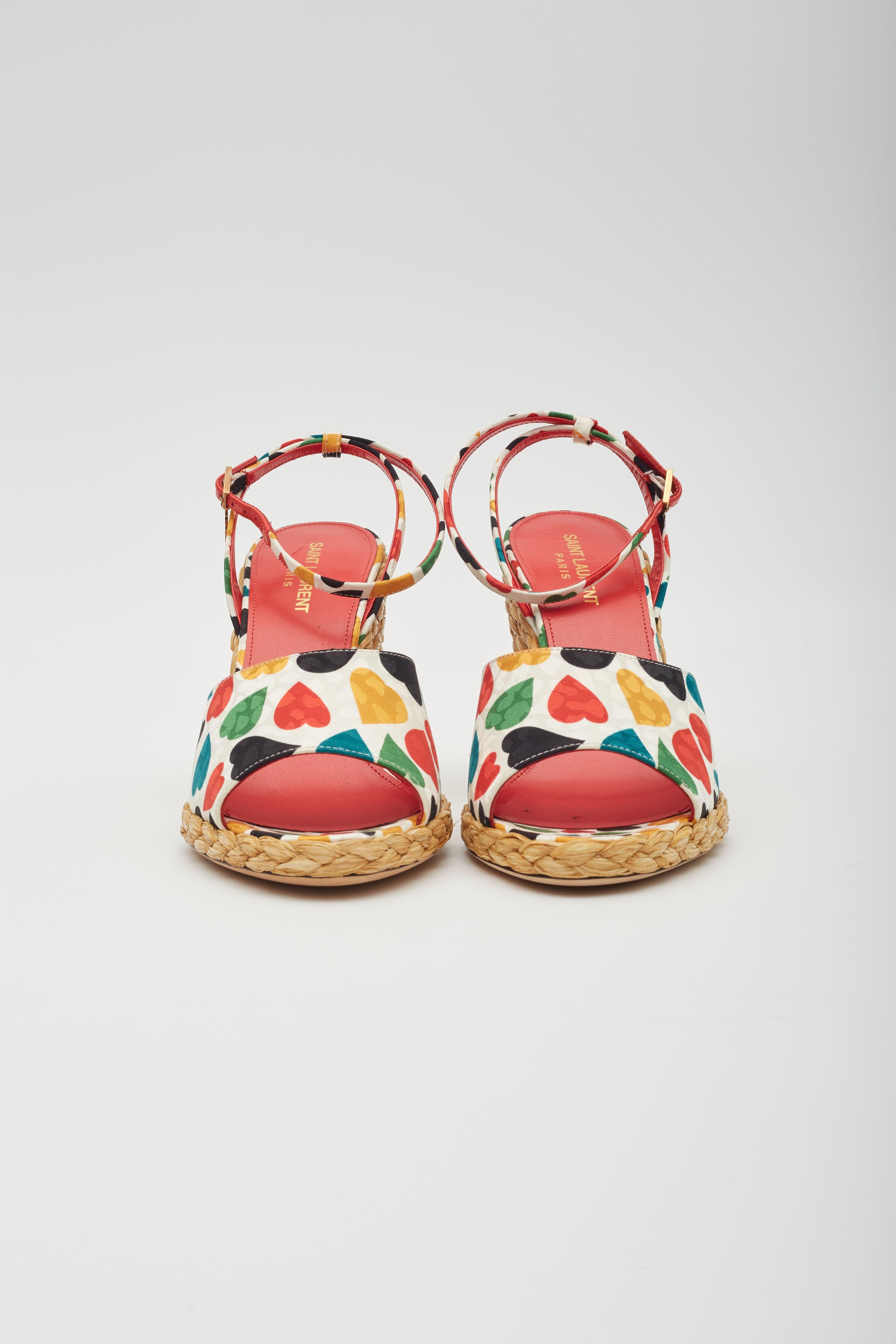 Women's Saint Laurent Heart Print Multicoloured Wedge Espadrilles EU 39 For Sale