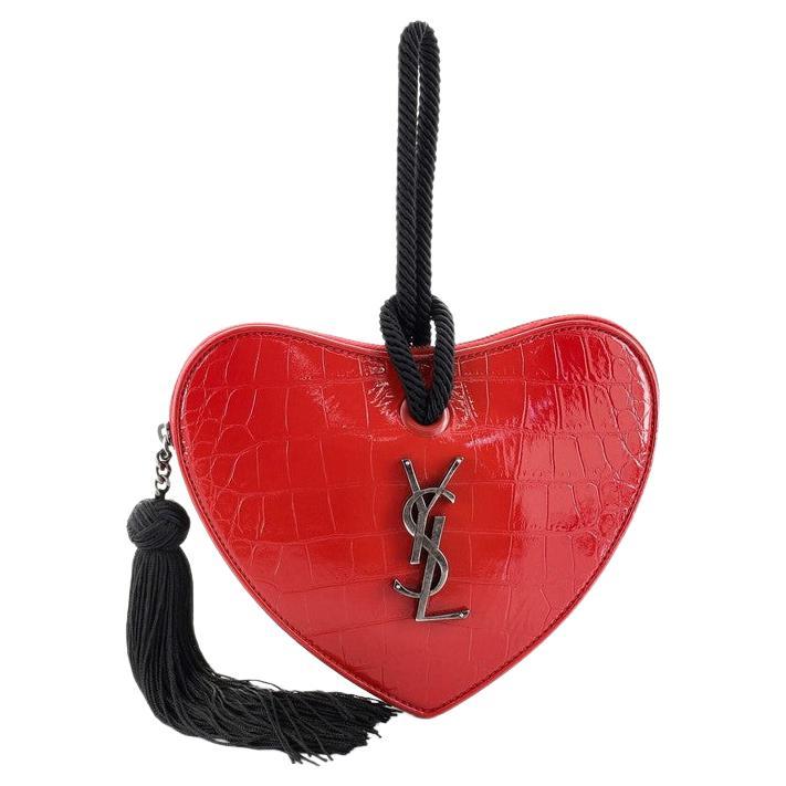 Saint Laurent Heart Tassel Clutch Crocodile Embossed Leather