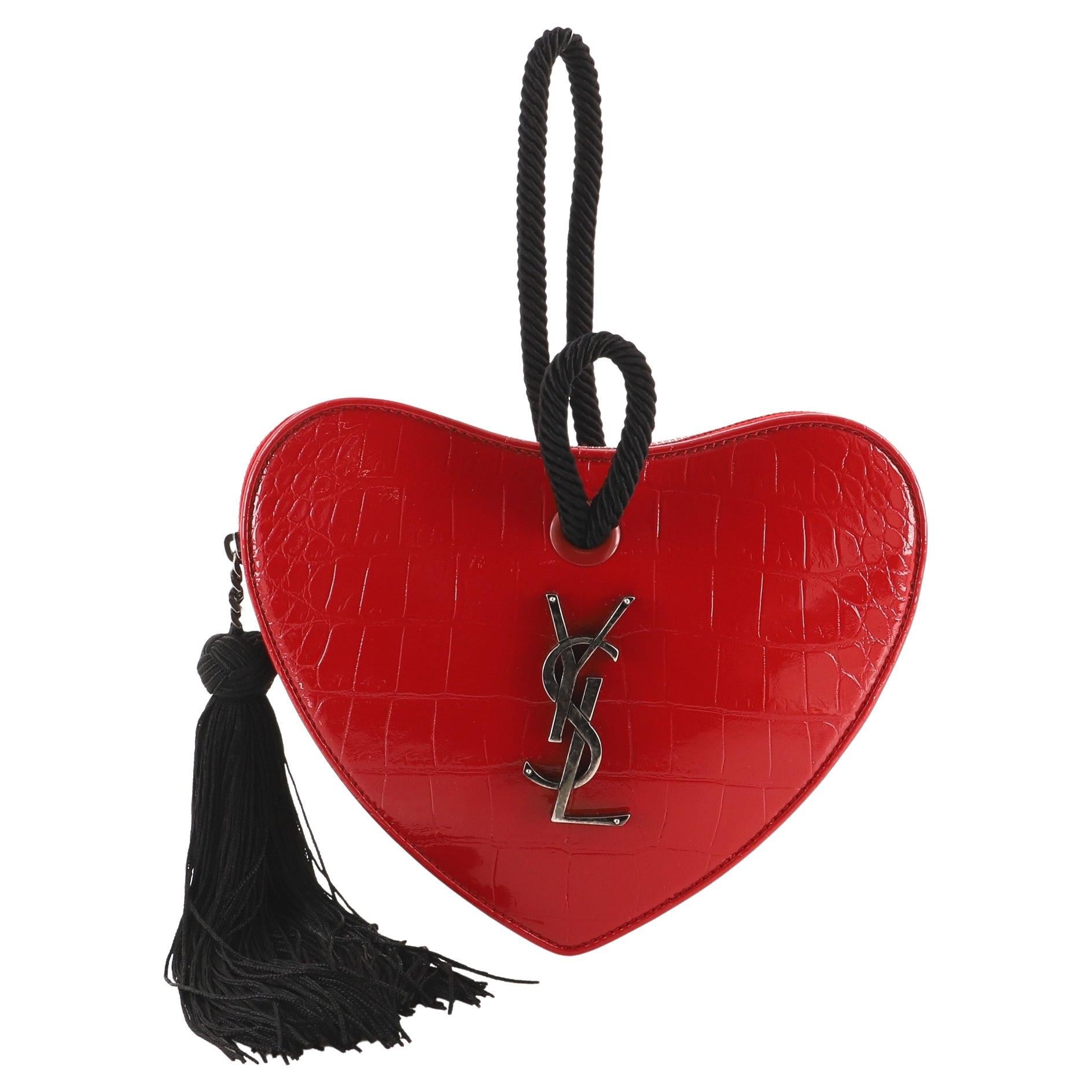 Saint Laurent Heart Tassel Clutch Crocodile Embossed Leather