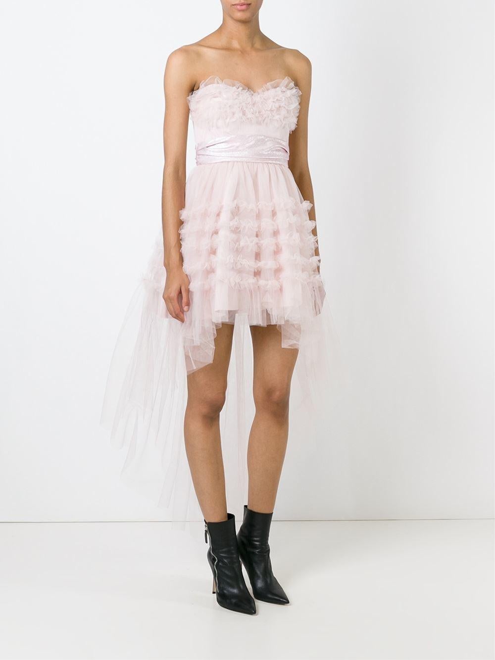 Saint Laurent Strapless Sweetheart Pink blush Dress With Ruffled Bodice And Skirt, Satin Bow And Fishtail Hem.
Pockets on the side.Corset built in. 100% Nylon Silk Lining Side Zip And Hook Closure. 
Size 38. Seen on Rose H. Whiteley and Miranda