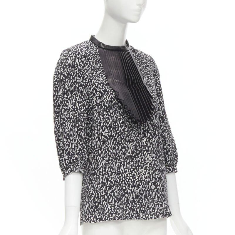 Black SAINT LAURENT Hedi Slimane 2012 black pleated leather bib silk blouse FR38 S For Sale