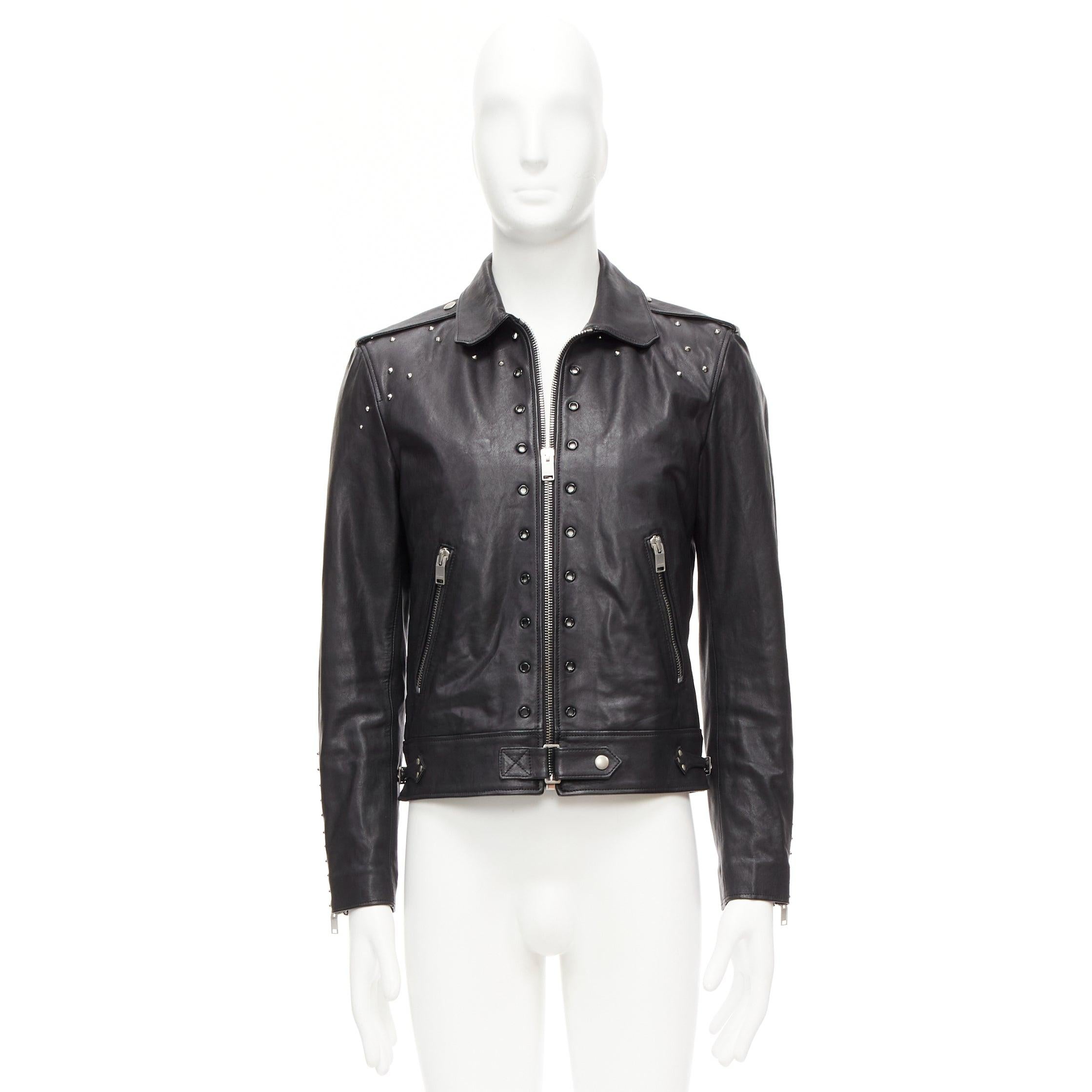 SAINT LAURENT Hedi Slimane 2013 black lambskin leather studded biker FR48 M For Sale 7