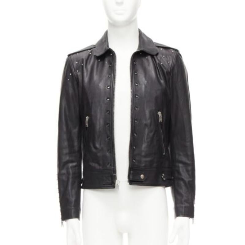Black SAINT LAURENT Hedi Slimane 2013 black lambskin leather studded biker FR48 M