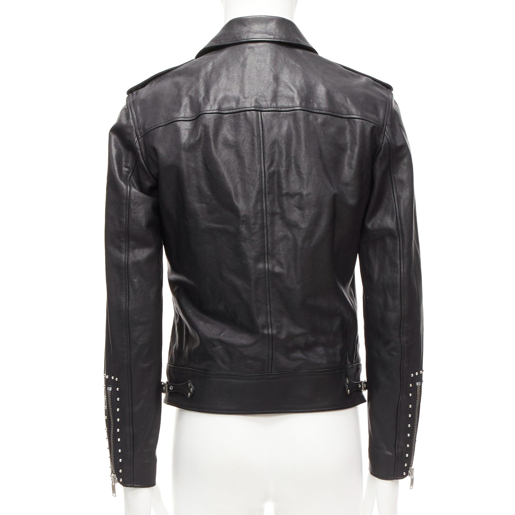 SAINT LAURENT Hedi Slimane 2013 black lambskin leather studded biker FR48 M For Sale 2