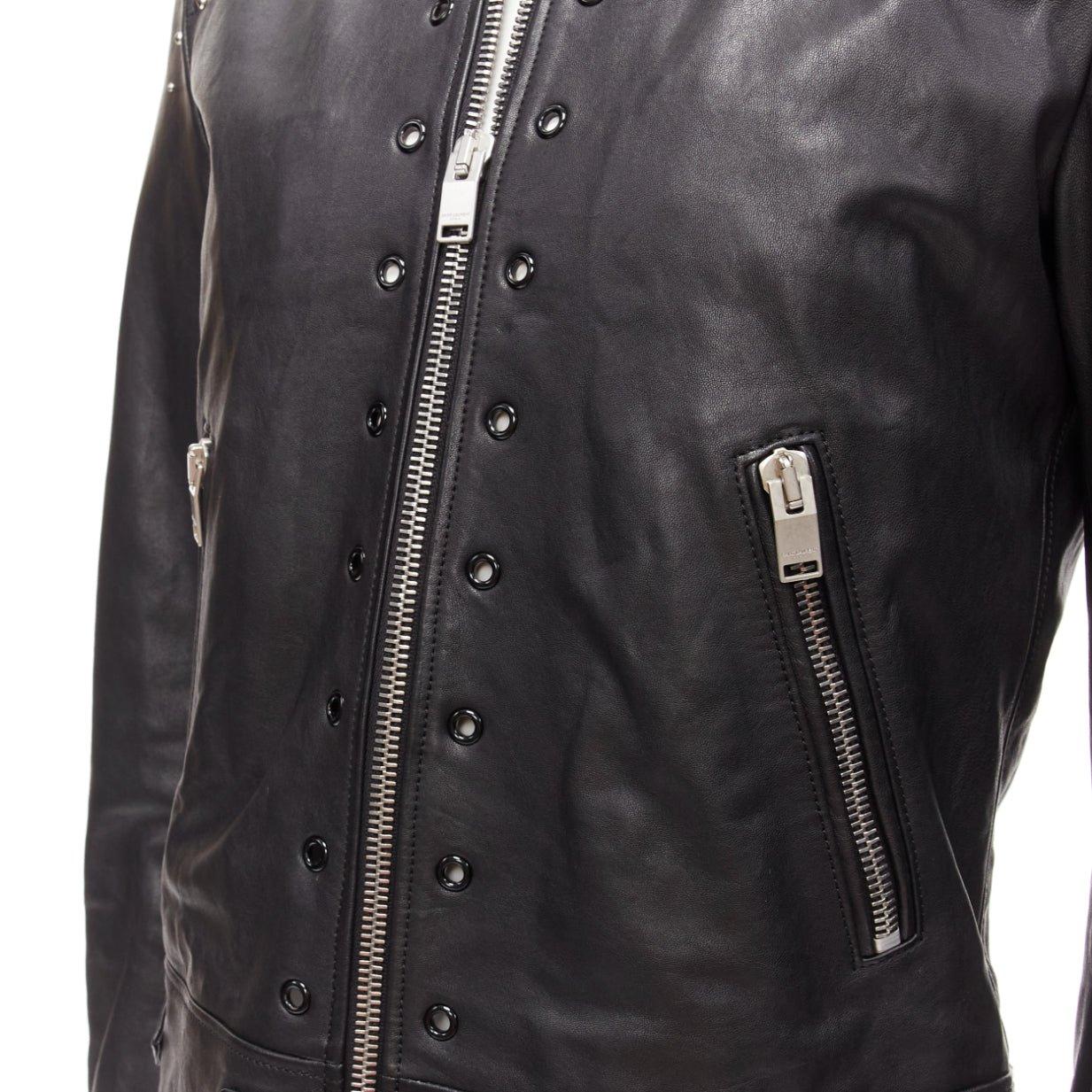 SAINT LAURENT Hedi Slimane 2013 black lambskin leather studded biker FR48 M For Sale 5