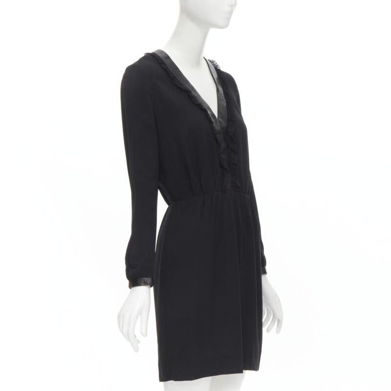 Black SAINT LAURENT Hedi Slimane 2013 black leather lace ruffle dress FR36 XS For Sale