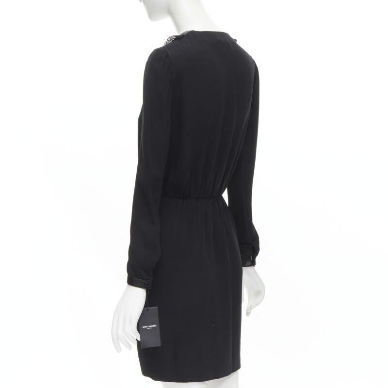 SAINT LAURENT Hedi Slimane 2013 black leather lace ruffle dress FR36 XS For Sale 2