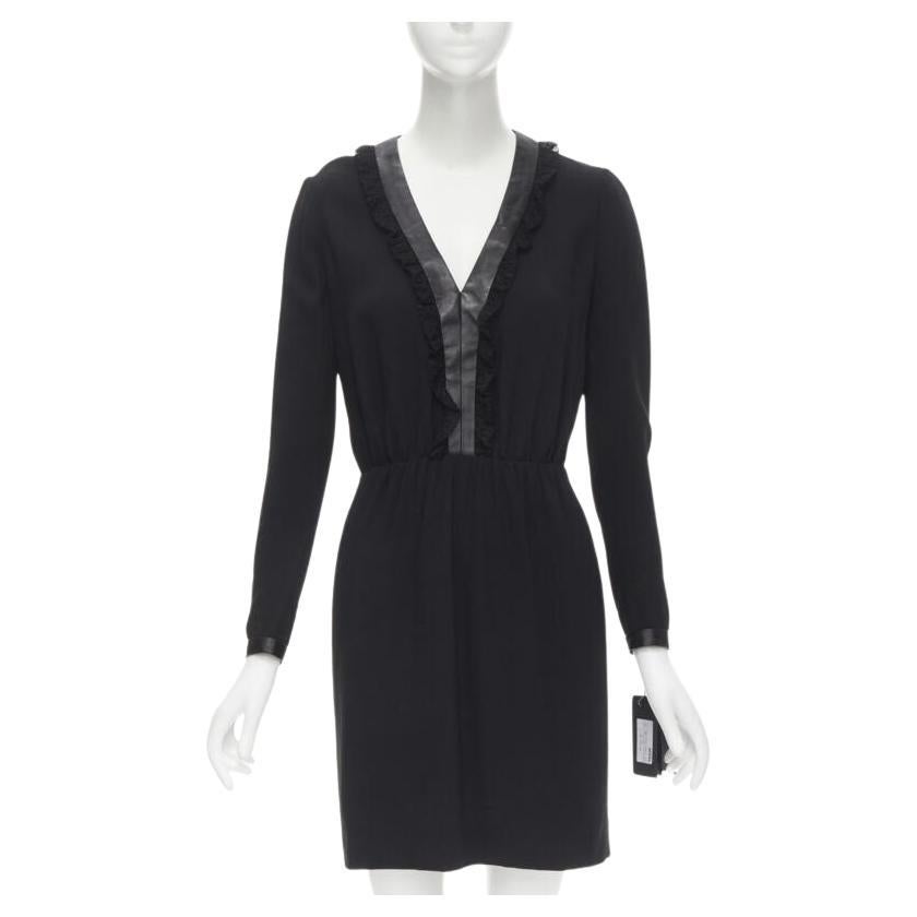 SAINT LAURENT Hedi Slimane 2013 black leather lace ruffle dress FR36 XS For Sale