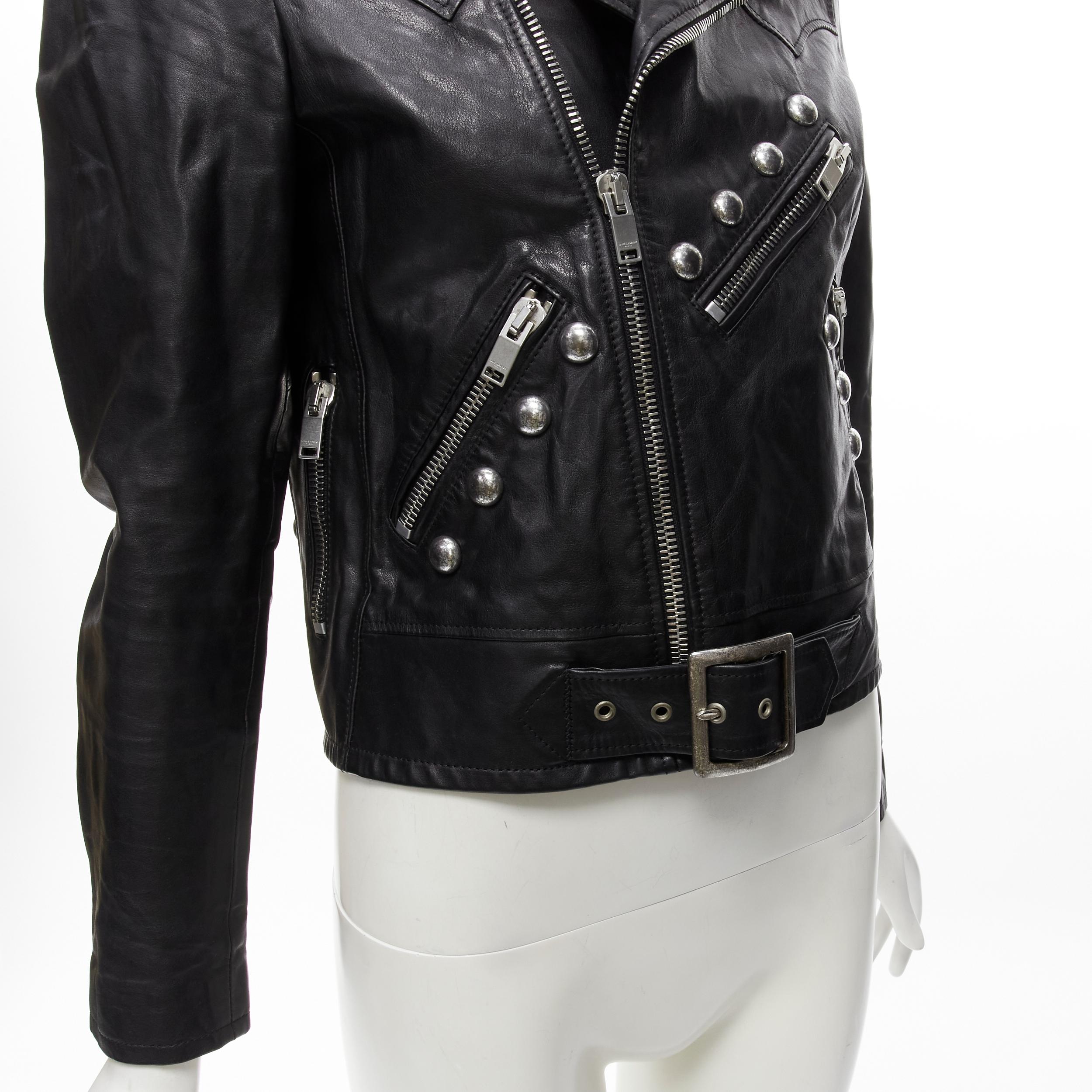 SAINT LAURENT Hedi Slimane 2014 black calf leather studded vintage biker FR38 XS For Sale 7