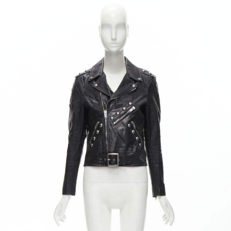 SAINT LAURENT Hedi Slimane 2014 Schwarzes Vintage-Bikerjacke aus Kalbsleder mit Nieten FR38 XS im Angebot 8