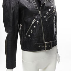 SAINT LAURENT Hedi Slimane 2014 black calf leather studded vintage biker FR38 XS