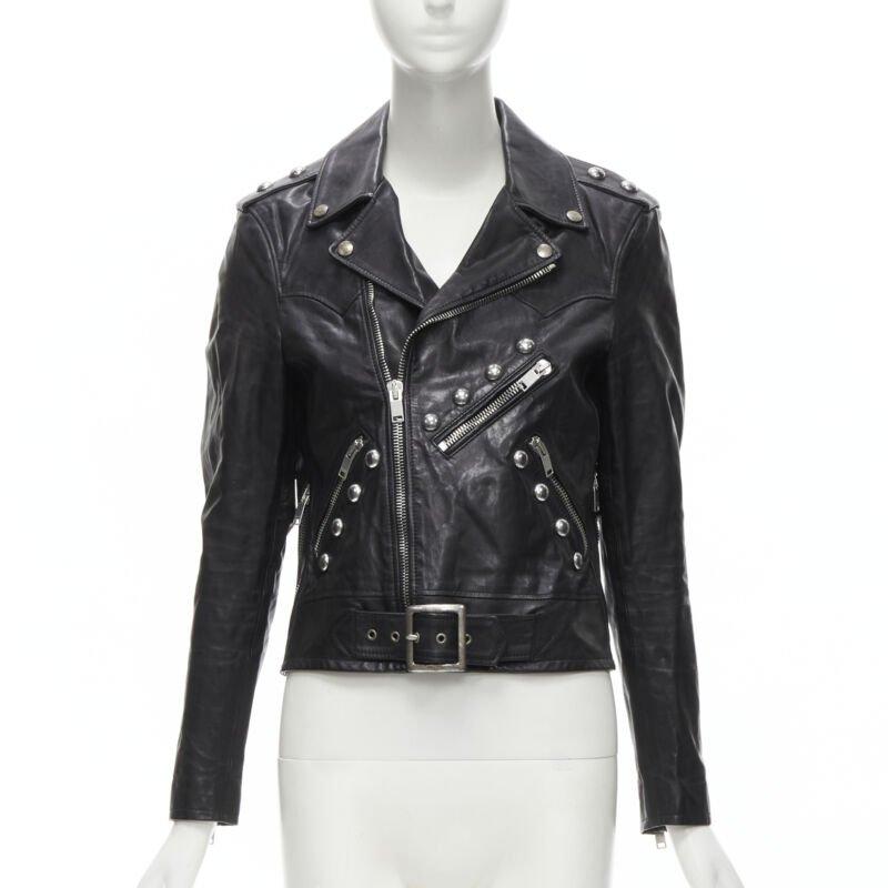 SAINT LAURENT Hedi Slimane 2014 Schwarzes Vintage-Bikerjacke aus Kalbsleder mit Nieten FR38 XS Damen im Angebot
