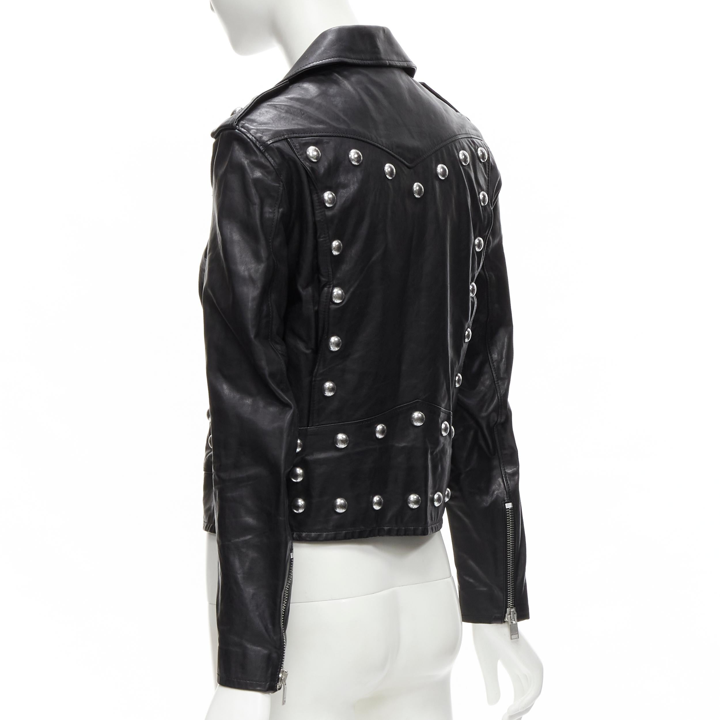 SAINT LAURENT Hedi Slimane 2014 black calf leather studded vintage biker FR38 XS For Sale 2