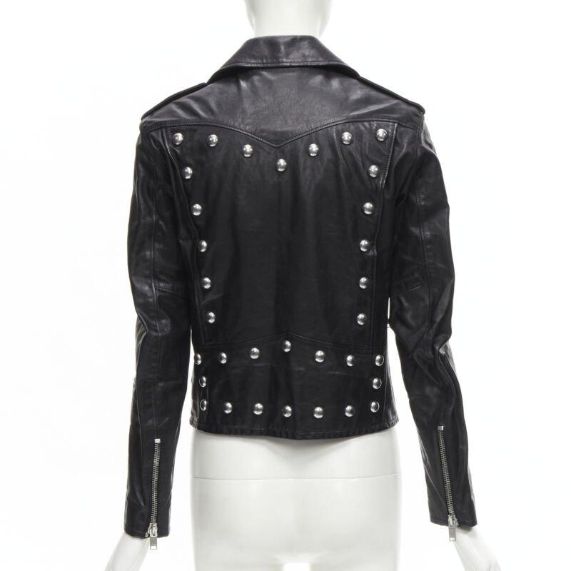SAINT LAURENT Hedi Slimane 2014 Schwarzes Vintage-Bikerjacke aus Kalbsleder mit Nieten FR38 XS im Angebot 3