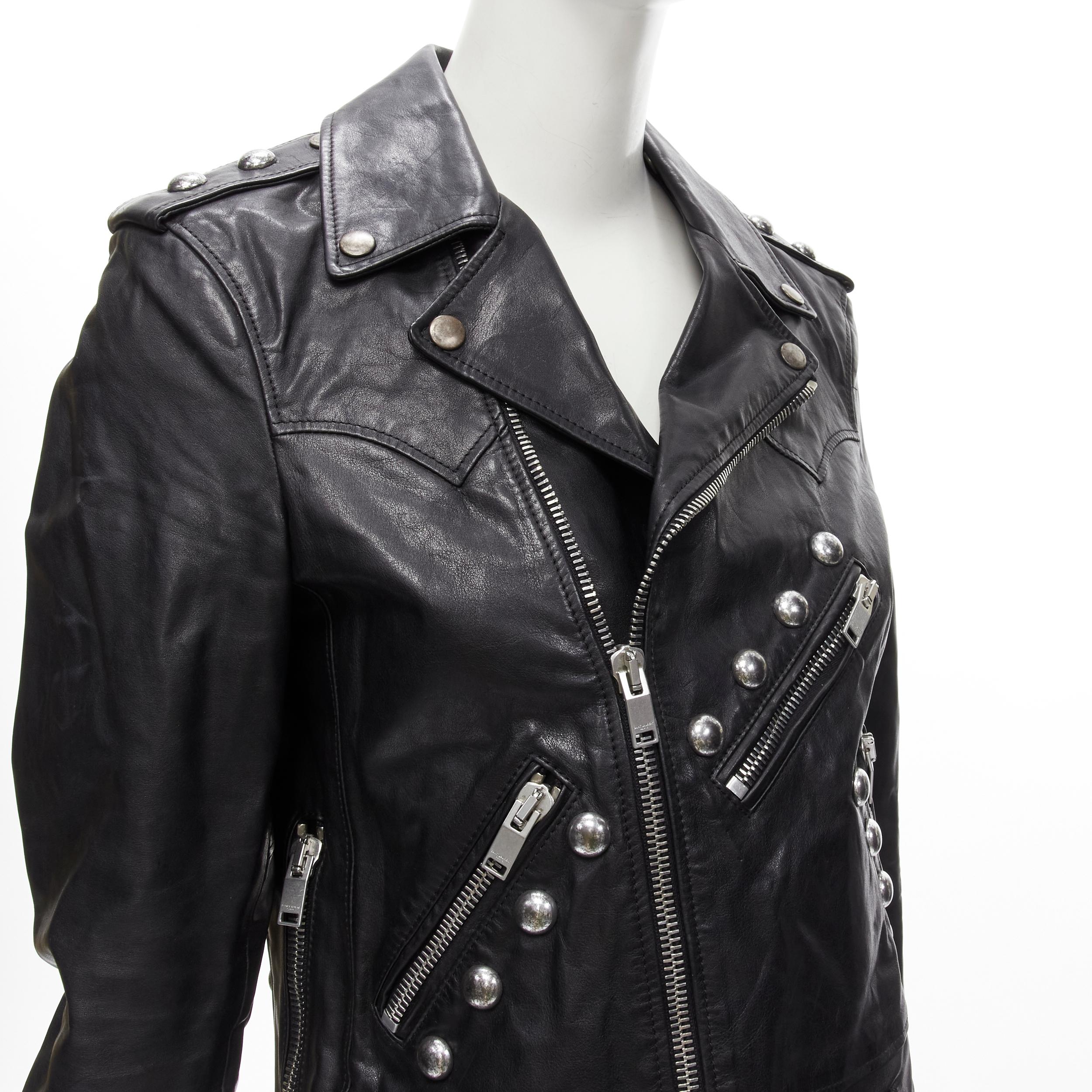 SAINT LAURENT Hedi Slimane 2014 black calf leather studded vintage biker FR38 XS For Sale 3