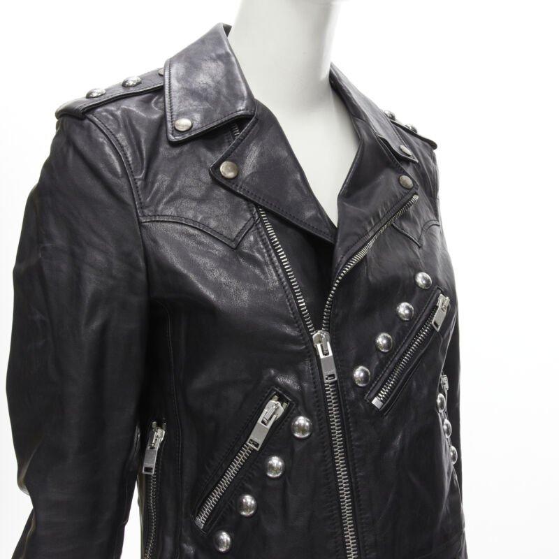 SAINT LAURENT Hedi Slimane 2014 Schwarzes Vintage-Bikerjacke aus Kalbsleder mit Nieten FR38 XS im Angebot 5