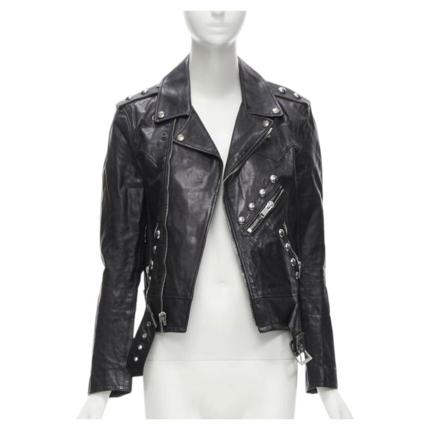 Pre-owned Hedi Slimane Saint Laurent 2014 Black Calf Leather Studded Vintage Biker Fr38 Xs