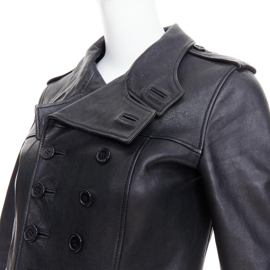 SAINT LAURENT Hedi Slimane 2014 black cropped smoking spencer jacket FR36 S
Reference: JACG/A00248
Brand: Saint Laurent
Designer: Hedi Slimane
Model: Smoking Spencer
Collection: 2014 - Runway
Material: Leather
Color: Black
Pattern: Solid
Closure: