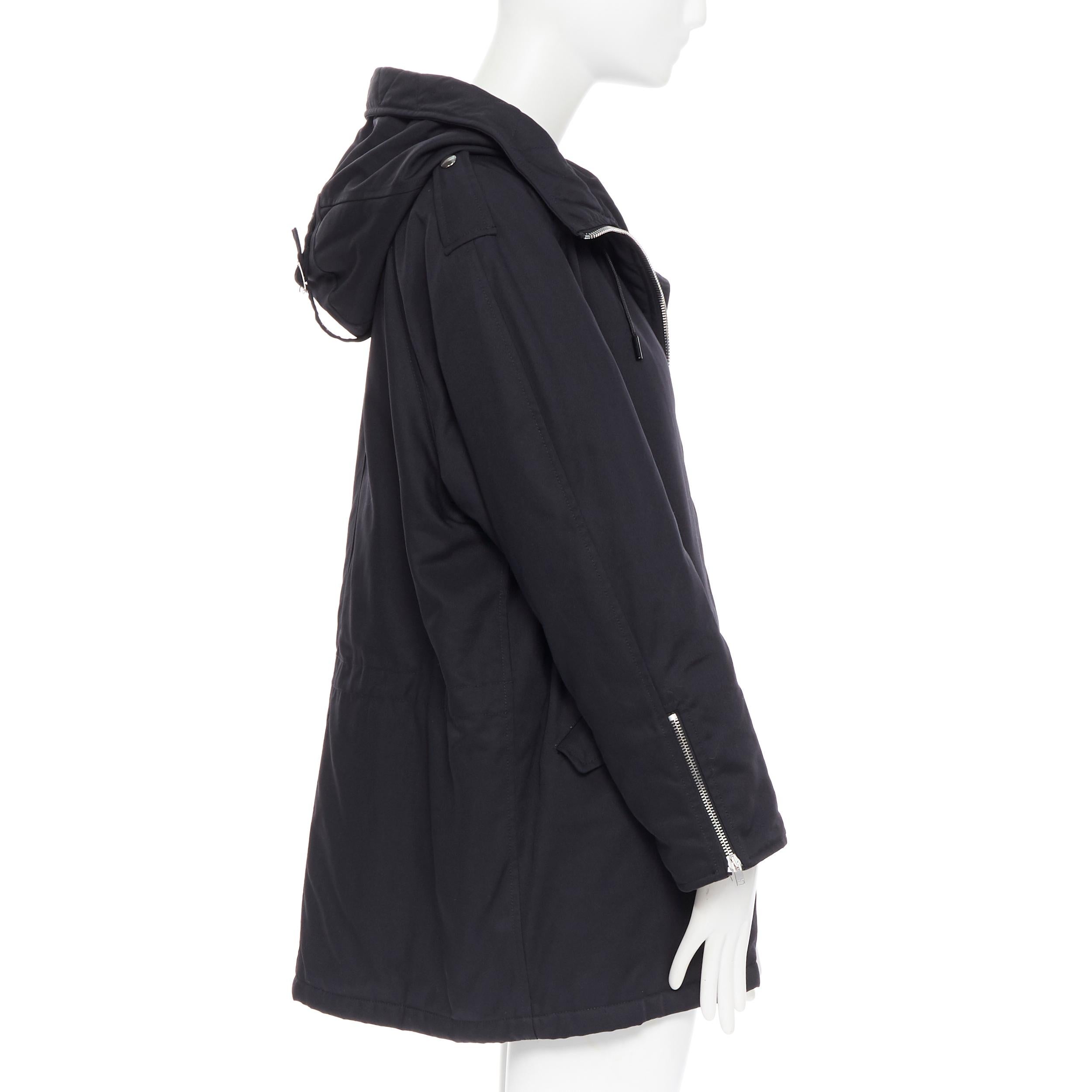 Women's SAINT LAURENT HEDI SLIMANE 2015 black nylon zip front hooded parka coat FR36
