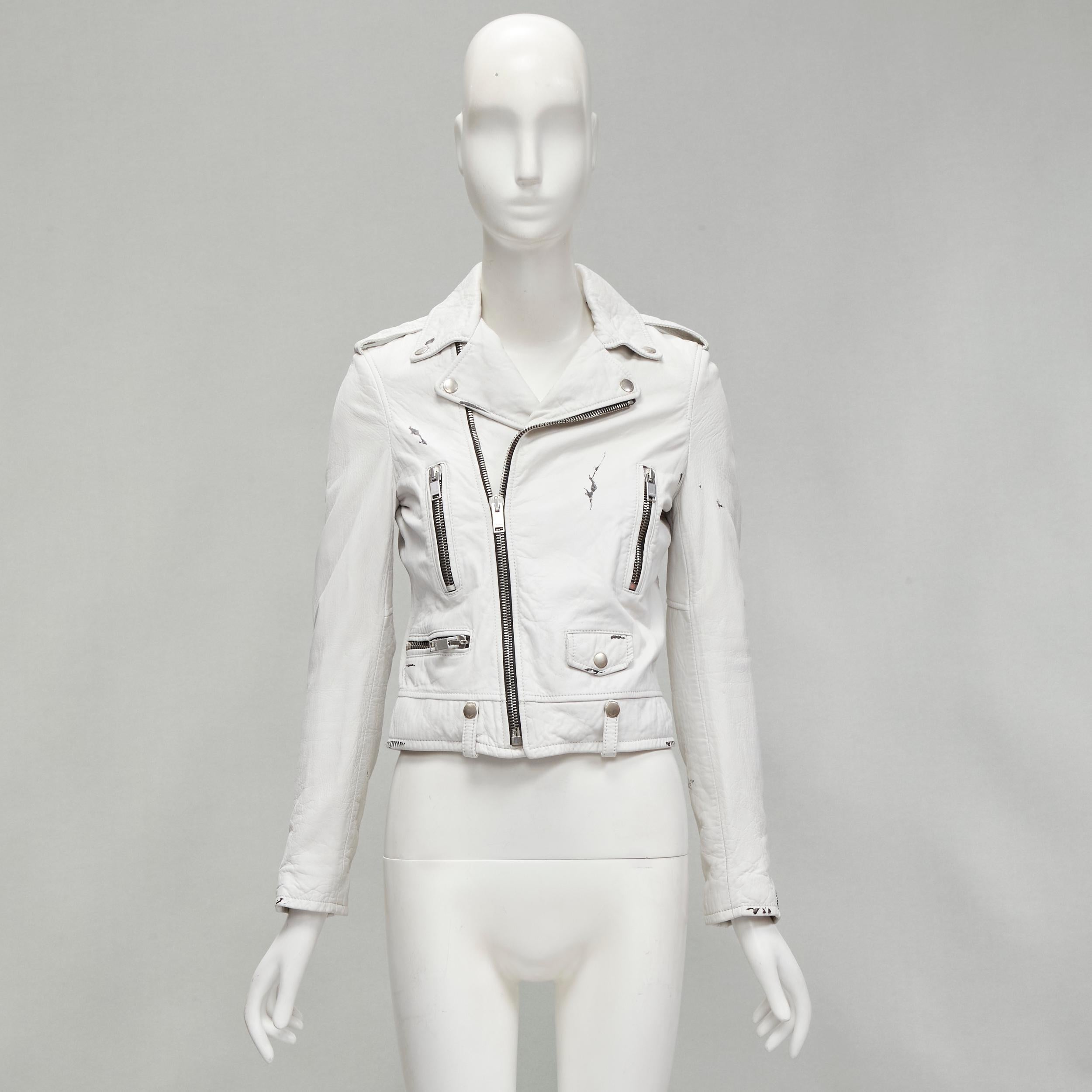 SAINT LAURENT Hedi Slimane 2015 white lambskin leather distressed biker FR36 S For Sale 9