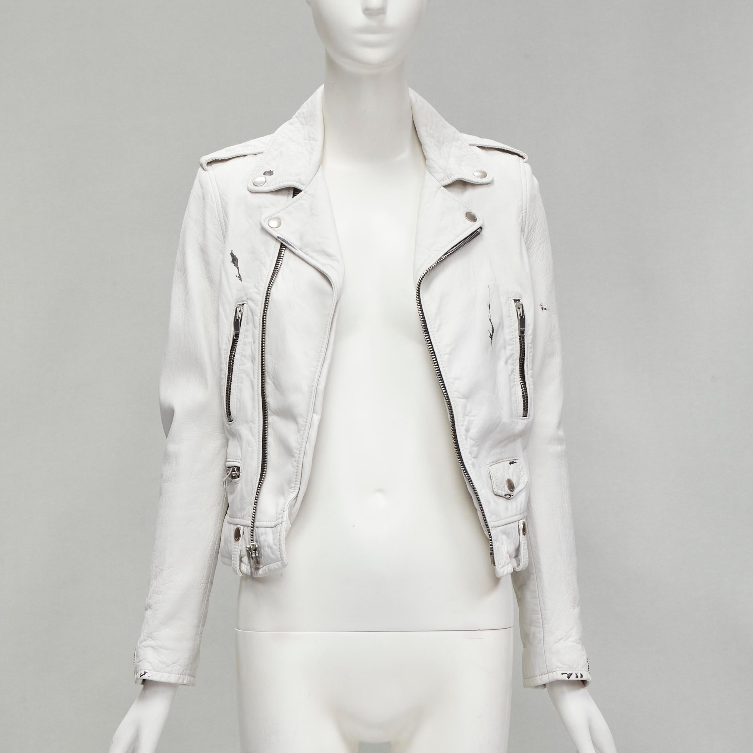 Gray SAINT LAURENT Hedi Slimane 2015 white lambskin leather distressed biker FR36 S For Sale