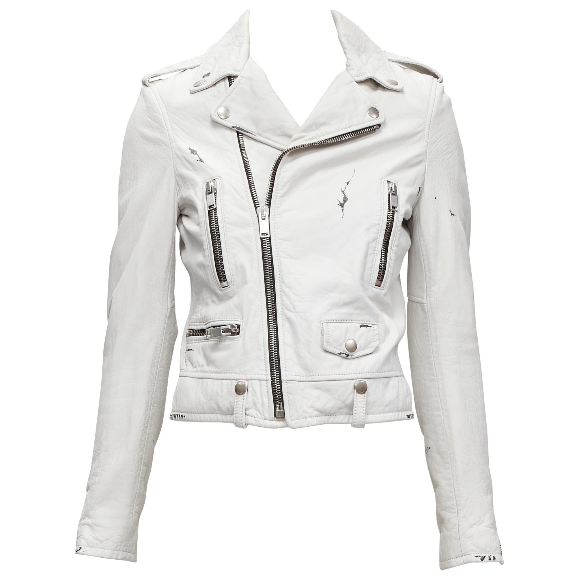 SAINT LAURENT Hedi Slimane 2015 Weißer Bikerjacke aus Lammfell im Used-Look FR36 S