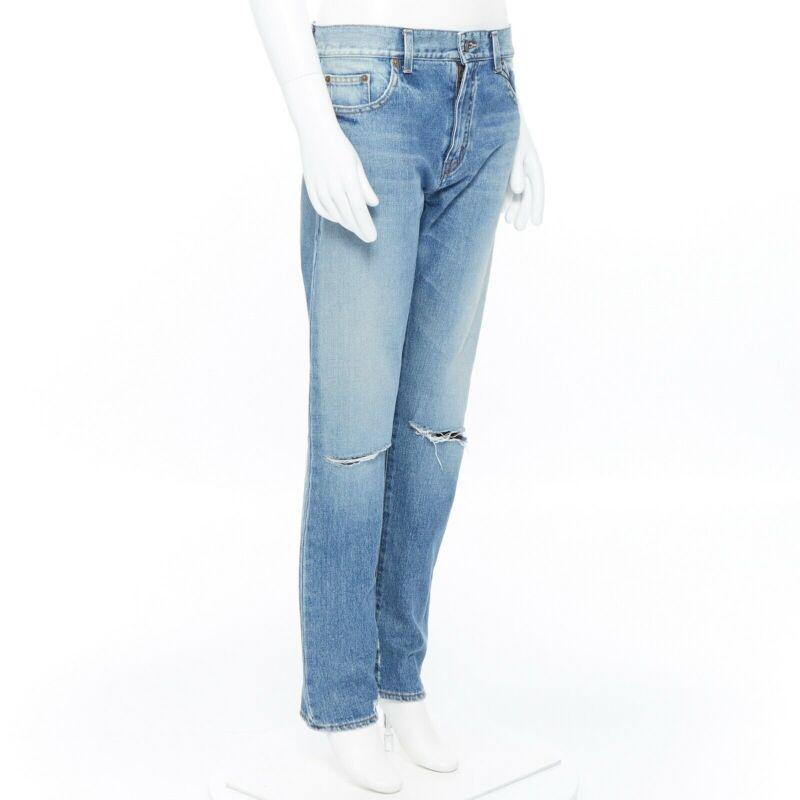 SAINT LAURENT HEDI SLIMANE blue cotton torn knee washed skinny denim jeans 29