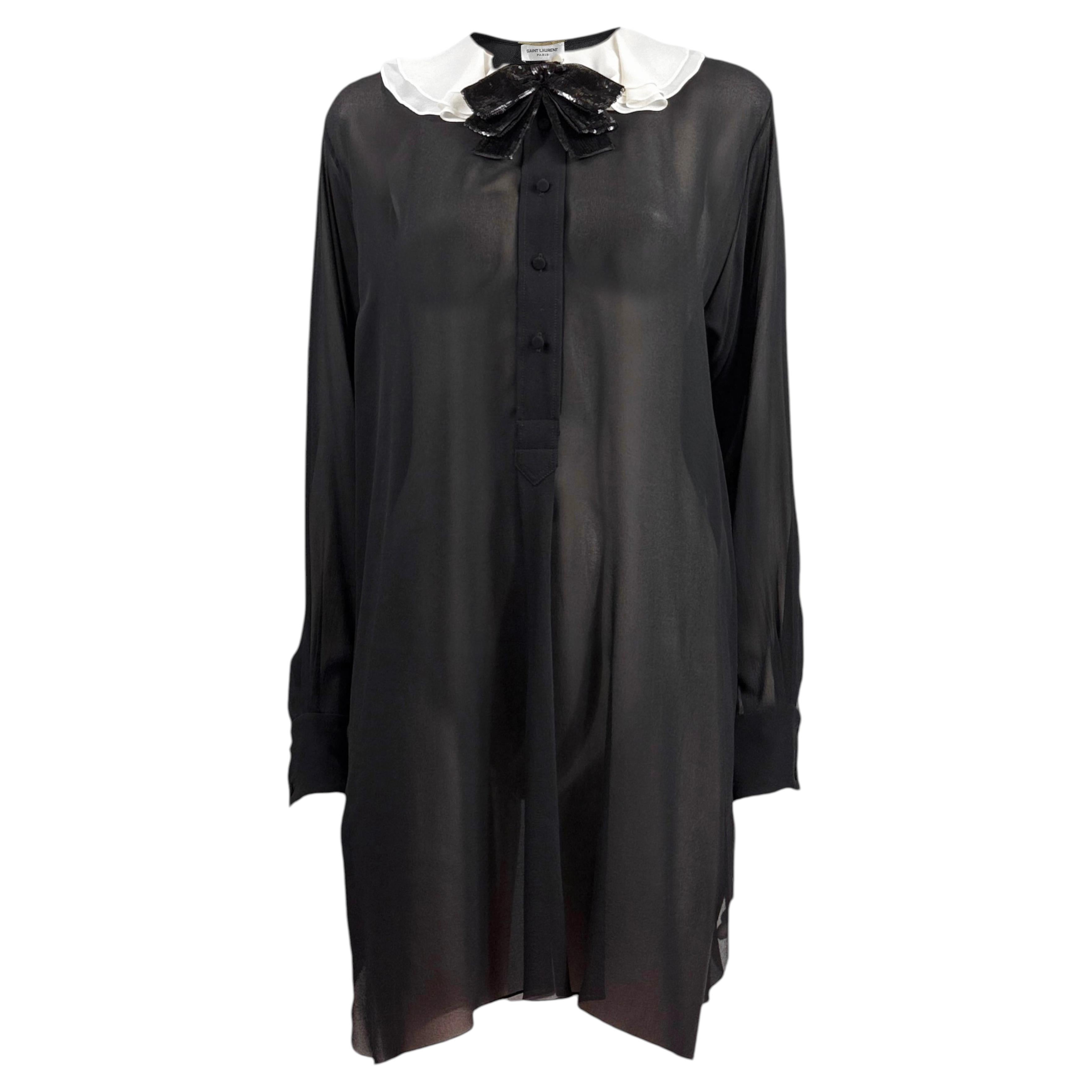 Saint Laurent Hedi Slimane Herbst 2013 Look 22 Schwarzes Minikleid aus ecrufarbenem Crêpe