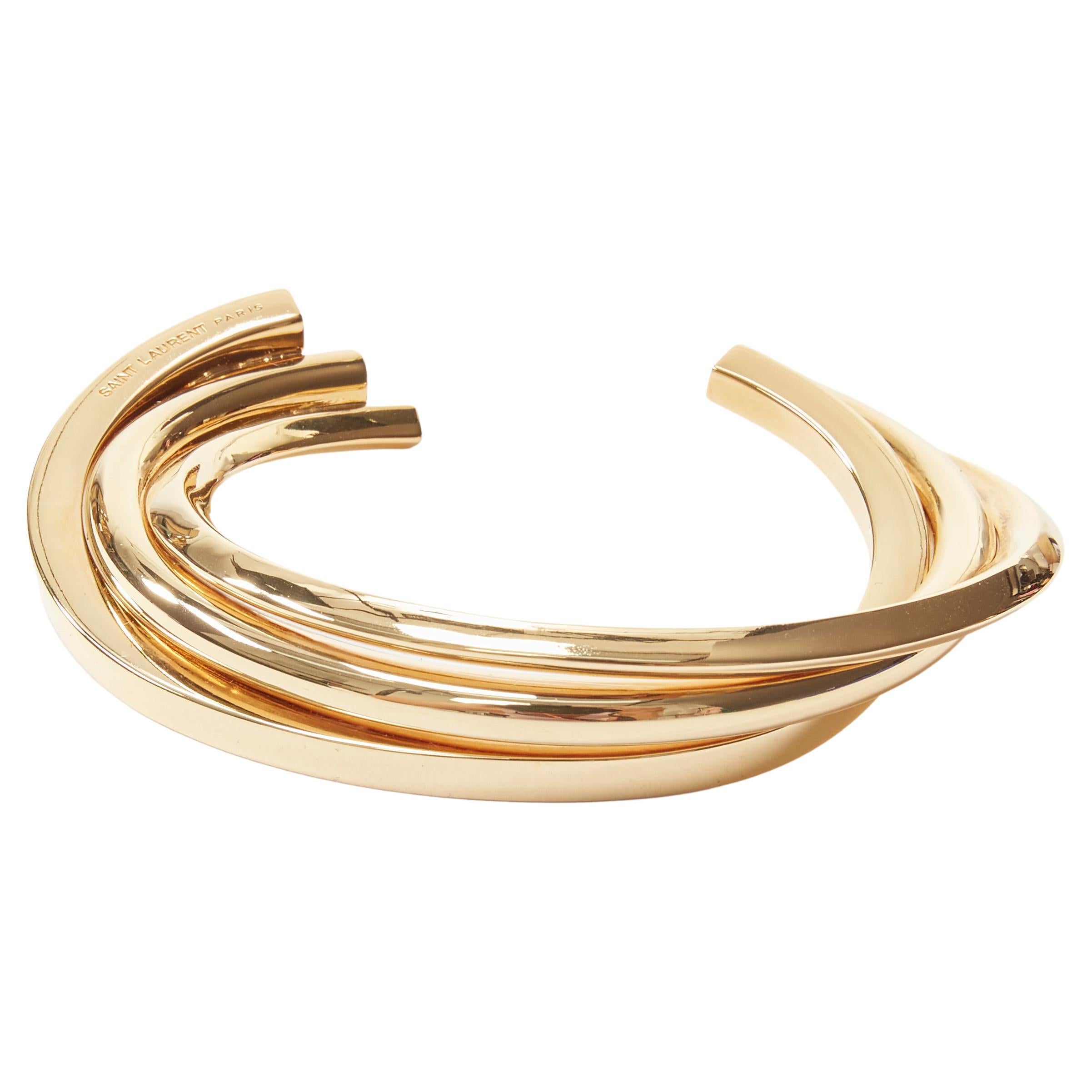 SAINT LAURENT Hedi Slimane gold brass architectural triple twist cuff bracelet For Sale