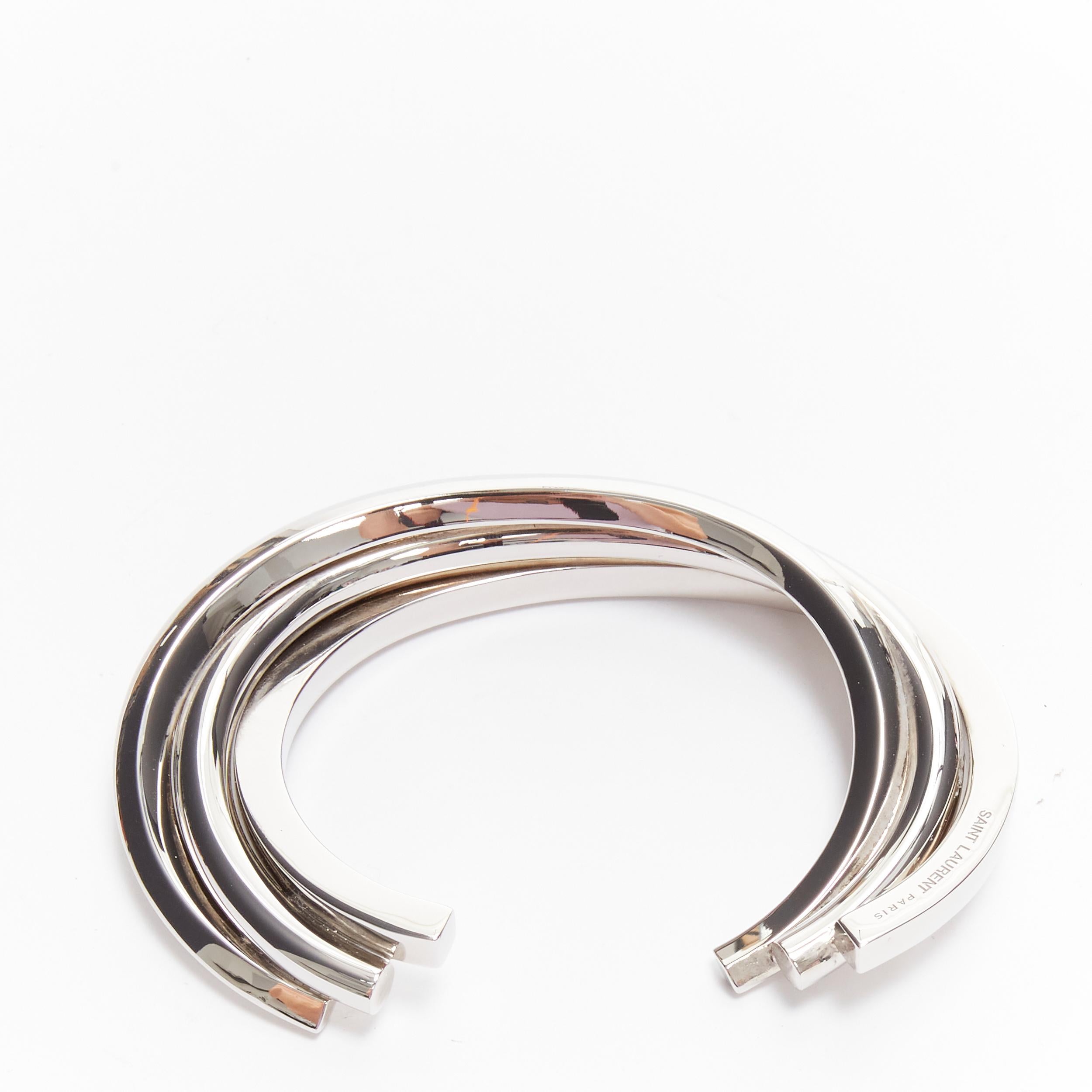 Silver SAINT LAURENT Hedi Slimane silver brass architectural triple twist cuff bracelet For Sale