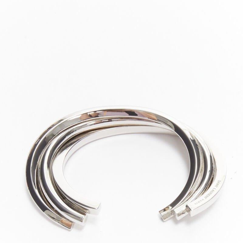 Women's SAINT LAURENT Hedi Slimane silver brass architectural triple twist cuff bracelet For Sale