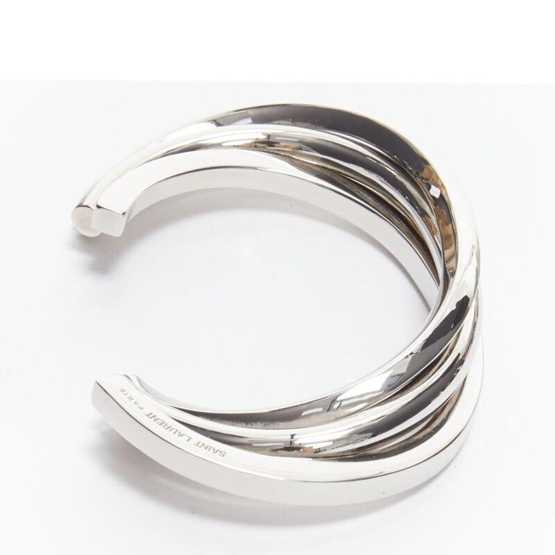 SAINT LAURENT Hedi Slimane silver brass architectural triple twist cuff bracelet For Sale 2