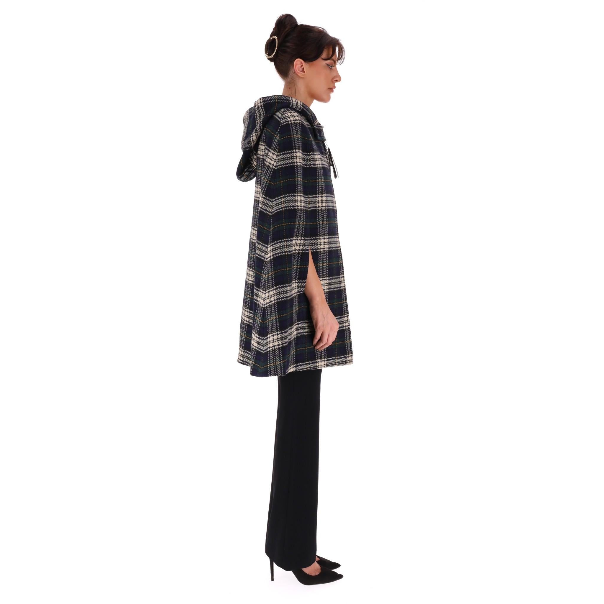 Black Saint Laurent Hooded Plaid Check Wool Cape