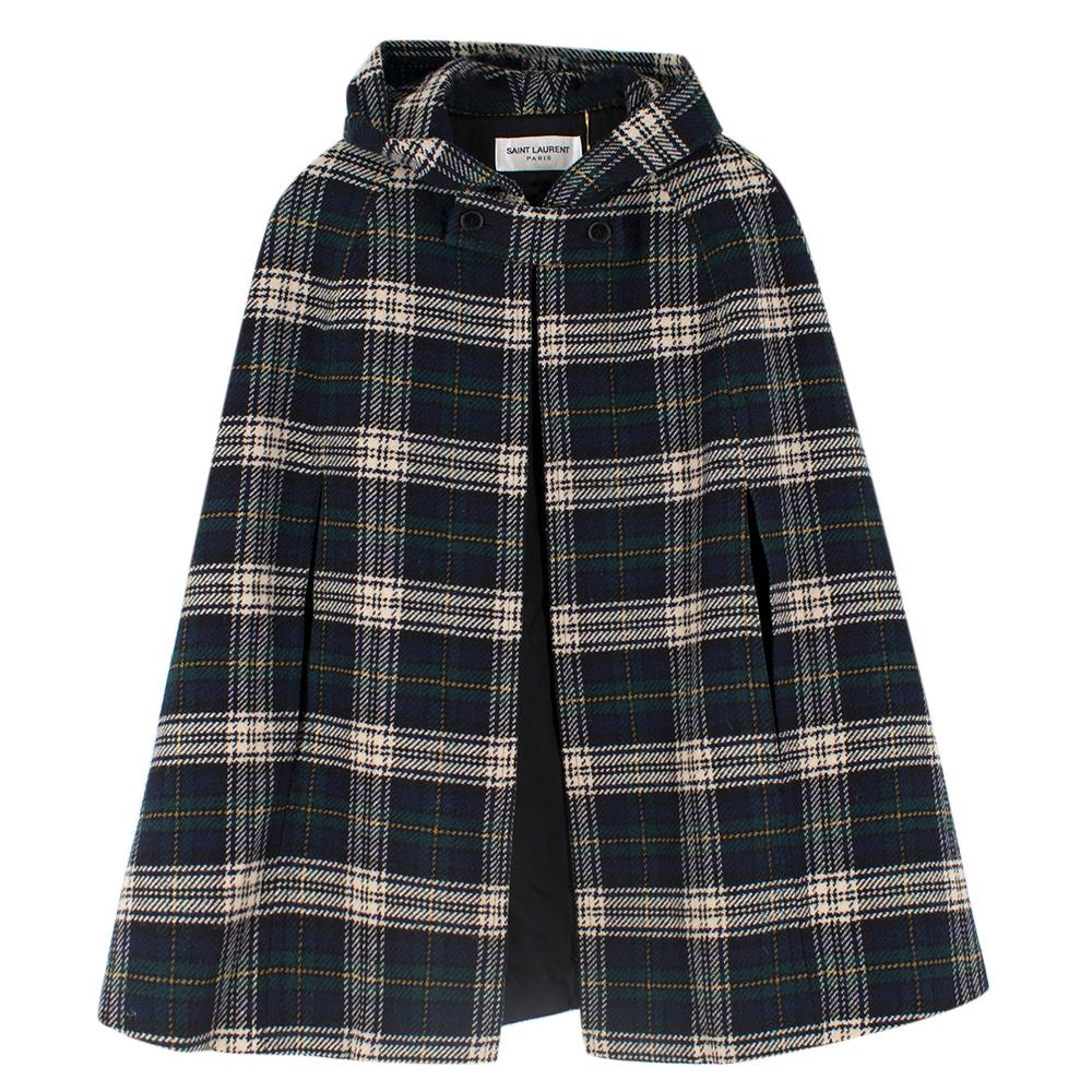 Saint Laurent Hooded Plaid Wool Cape SIZE S In Excellent Condition In London, GB
