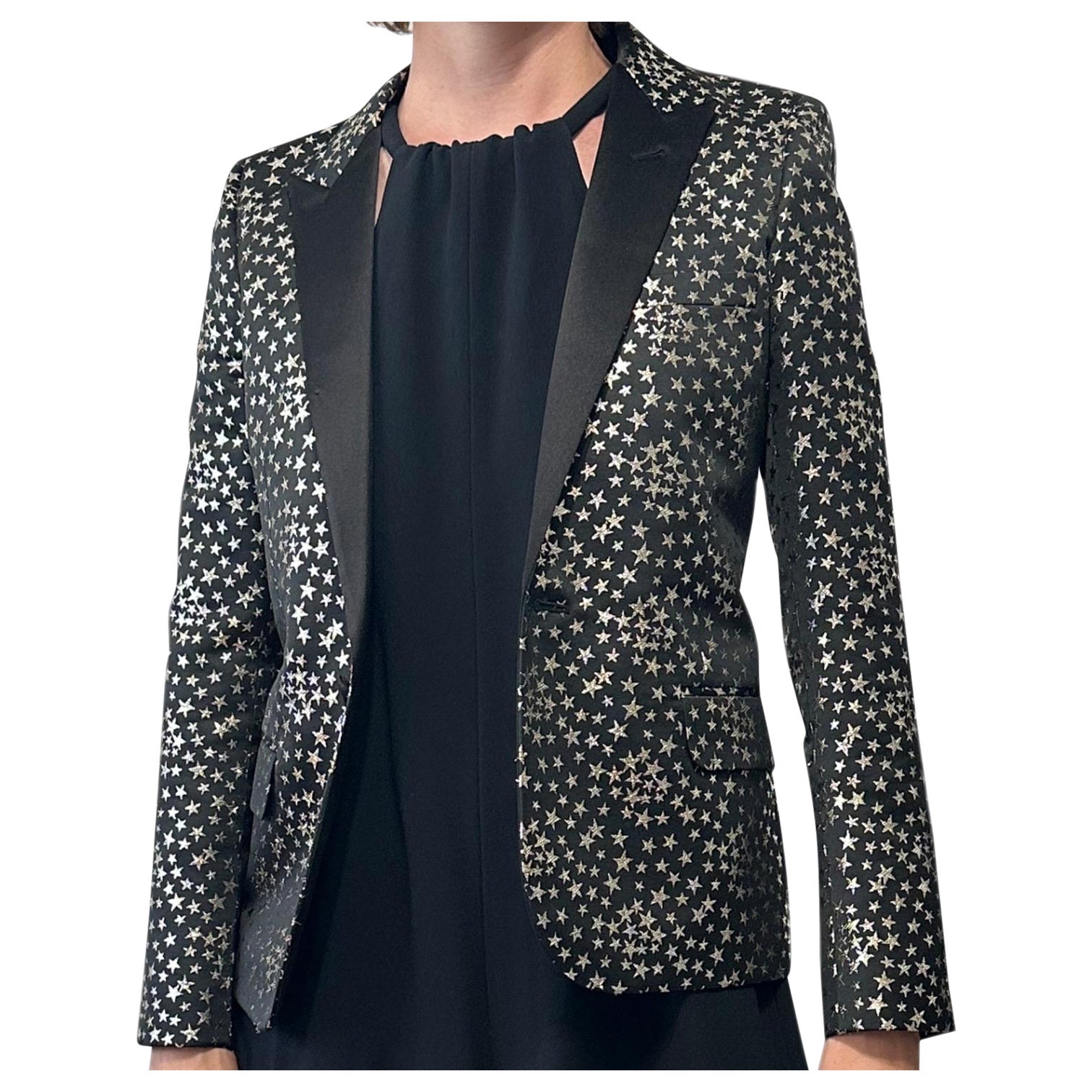 Saint Laurent Iconic Le Smoking Jacket FR 34 Black Silver Star Woven Jacquard