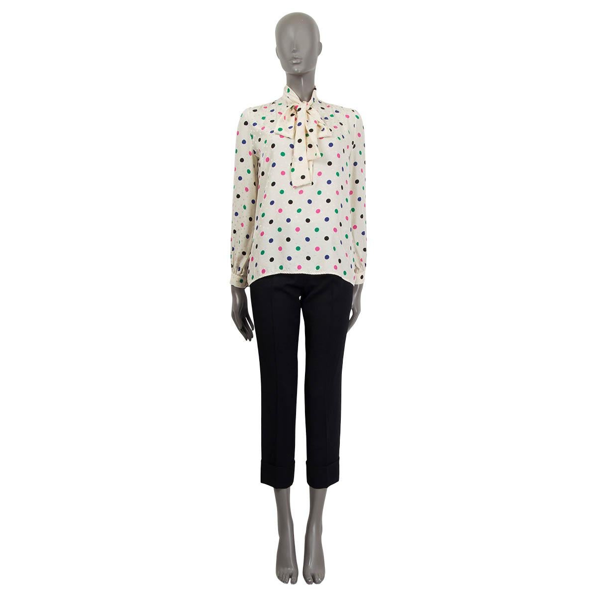 100% authentic Saint Laurent bow collar blouse in ivory and multicolor polka-dot printed silk (100%). Half placket button style blouse with long sleeves and single button cuffs. Has been worn and is in excellent condition. 

Measurements
Tag