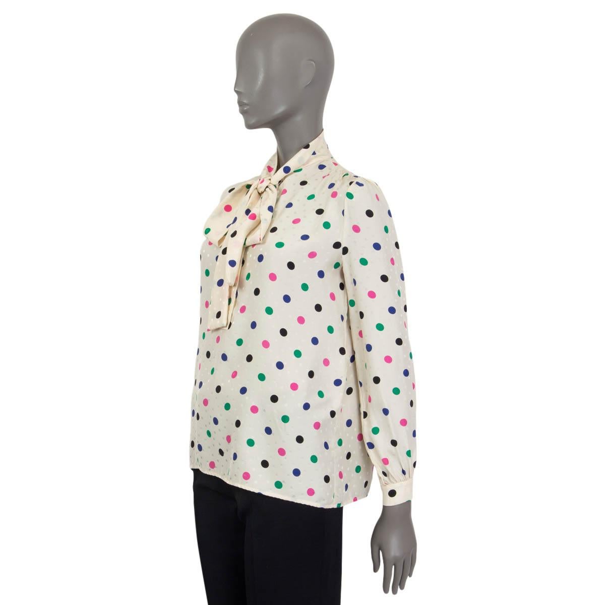 Gray SAINT LAURENT ivory & multicolor silk DOTTED PUSSY BOW Blouse Shirt 36 XS For Sale
