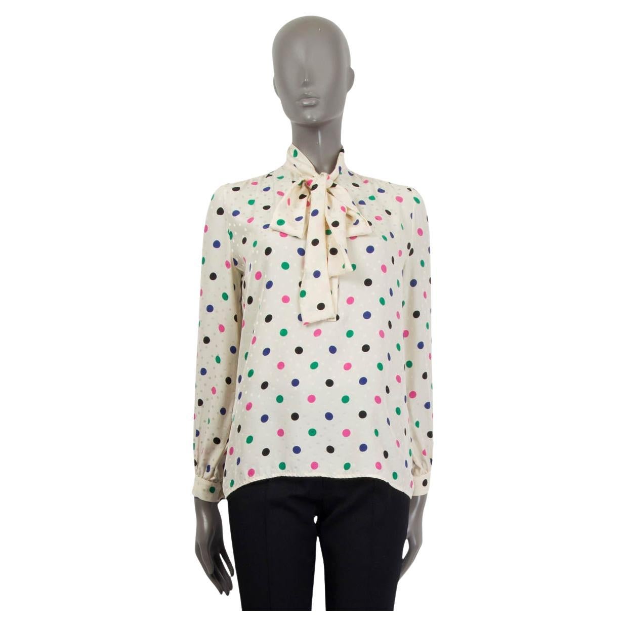 SAINT LAURENT ivory & multicolor silk DOTTED PUSSY BOW Blouse Shirt 36 XS For Sale