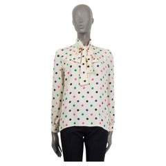 SAINT LAURENT ivory & multicolor silk DOTTED PUSSY BOW Blouse Shirt 36 XS