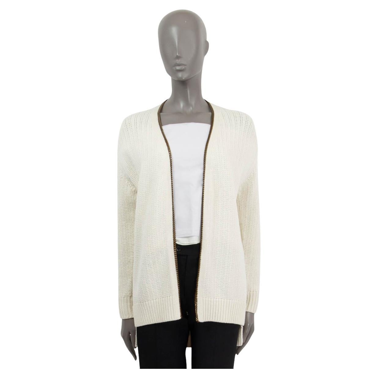 SAINT LAURENT ivory wool blend 2019 CHAIN TRIM COLLEGE Cardigan Sweater S For Sale