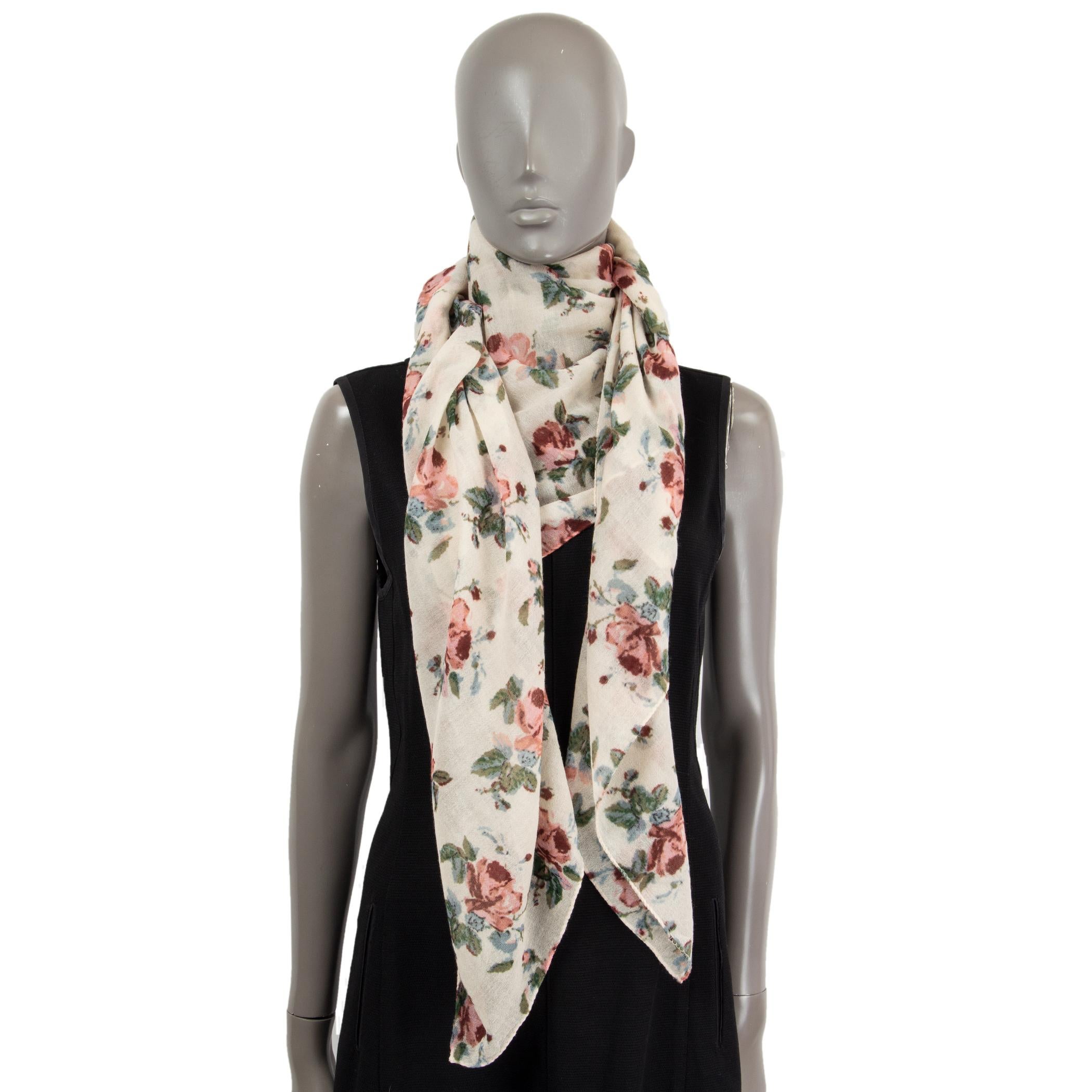 SAINT LAURENT ivory wool ROSE PRINT Shawl Scarf In Excellent Condition For Sale In Zürich, CH