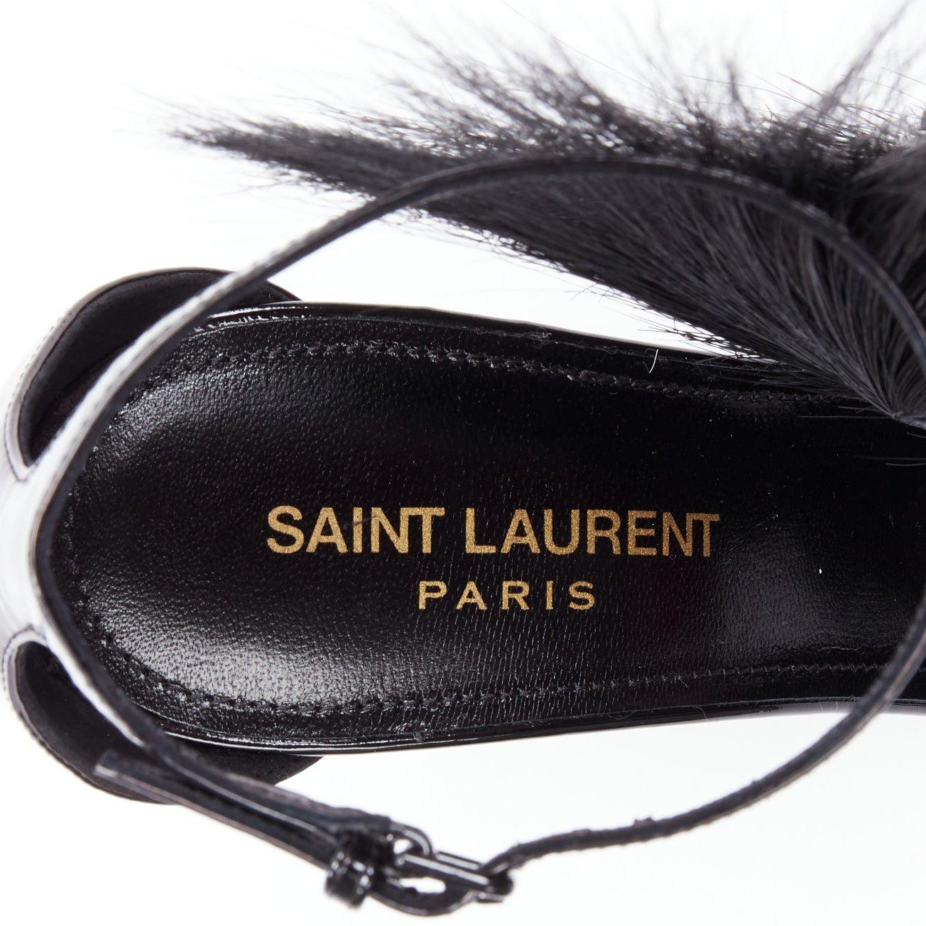 SAINT LAURENT Jamie 110 Runway black fur mohawk patent sandals EU37 6